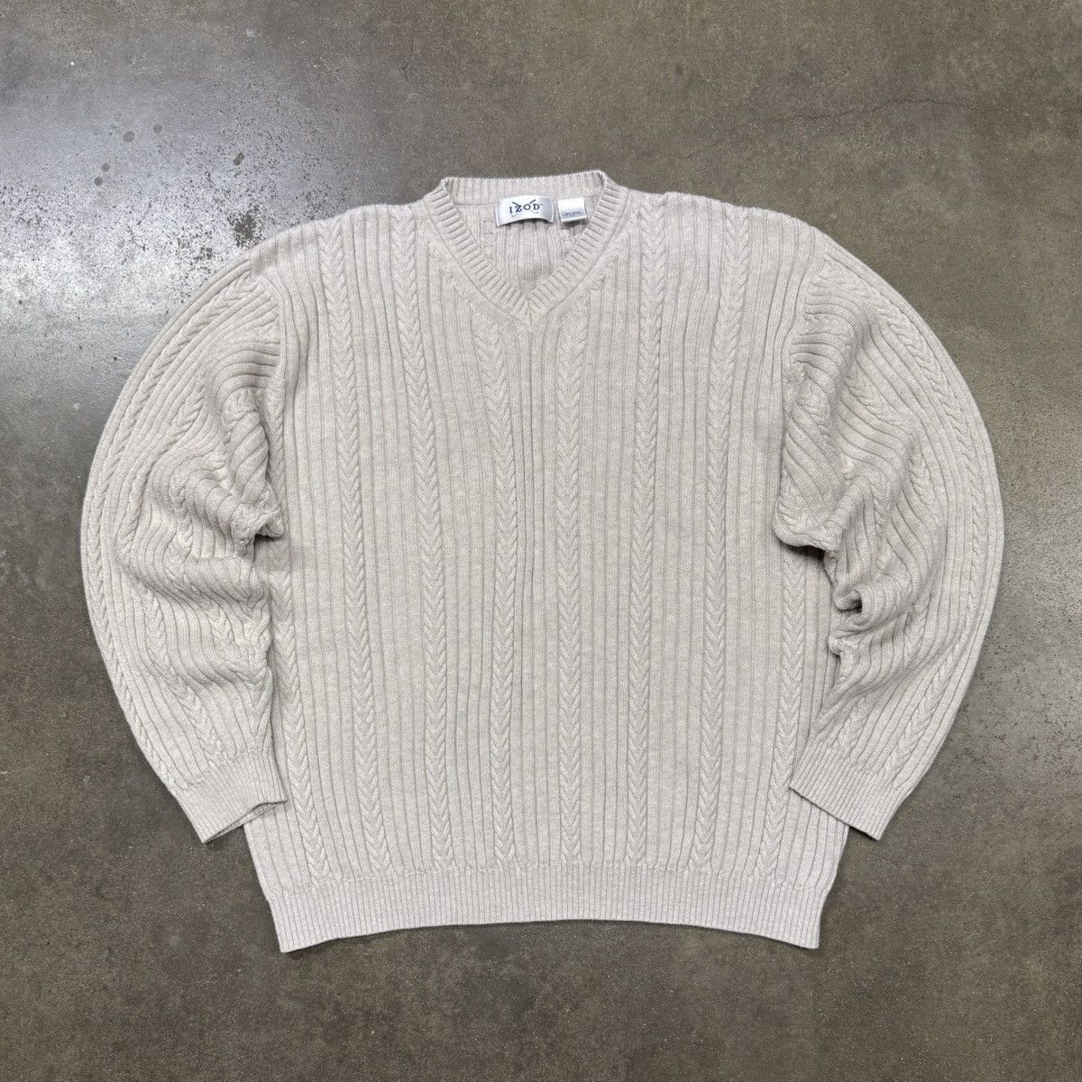 Izod Vintage IZOD V-Neck Cable Knit Sweater Ivory Preppy Size US XL / EU 56 / 4 - 1 Thumbnail