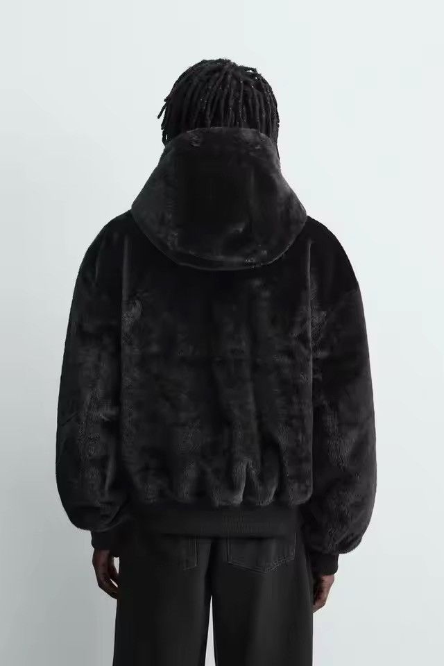 Leather Black Hooded Leather Bomber Jacket, Casual Zip-Up Outerwear Size US XL / EU 56 / 4 - 5 Thumbnail