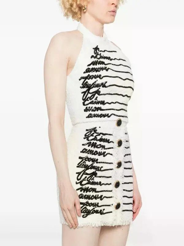 Balmain o1s1wg111225 Love Letter Embroidered Tweed Top in White Size L / US 10 / IT 46 - 3 Thumbnail