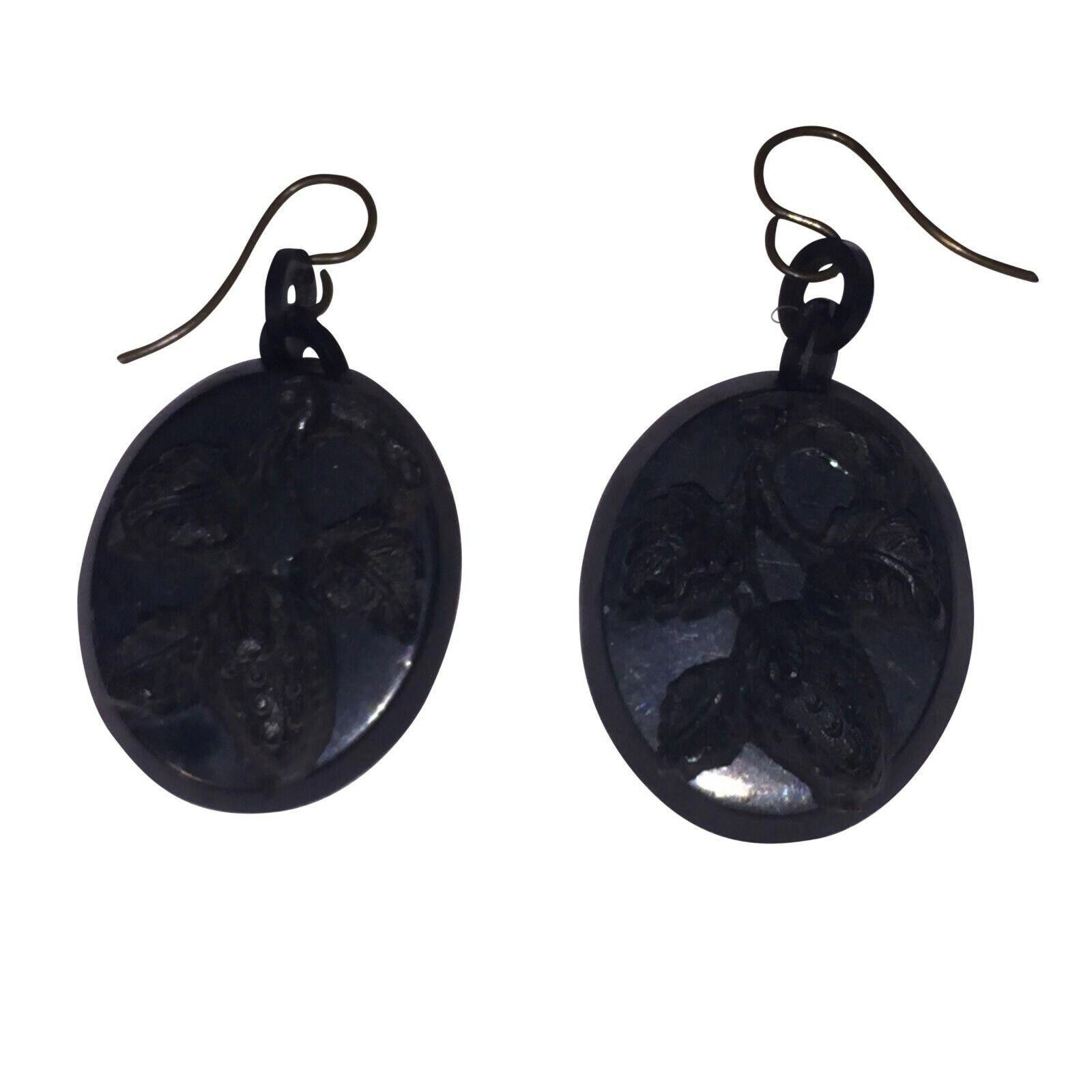 Designer Victorian Vulcanite Oval Flower and Leaves Dangle Earrings Size ONE SIZE - 4 Thumbnail