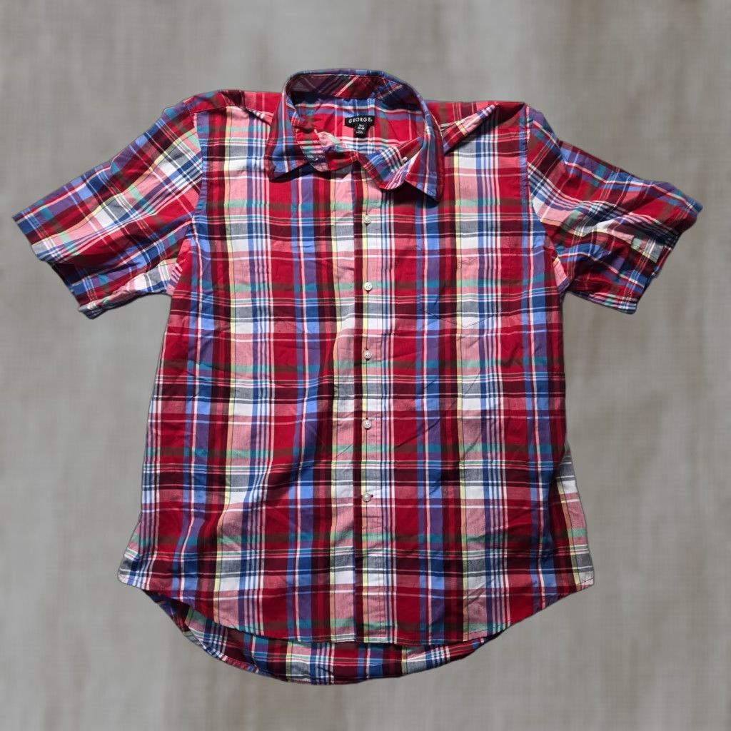 George GEORGE Shirt Men XL Plaid Red White Blue Casual Button-Up Short Sleeve Multicolor Cotton Rayon Flannel Size US XL / EU 56 / 4 - 1 Thumbnail