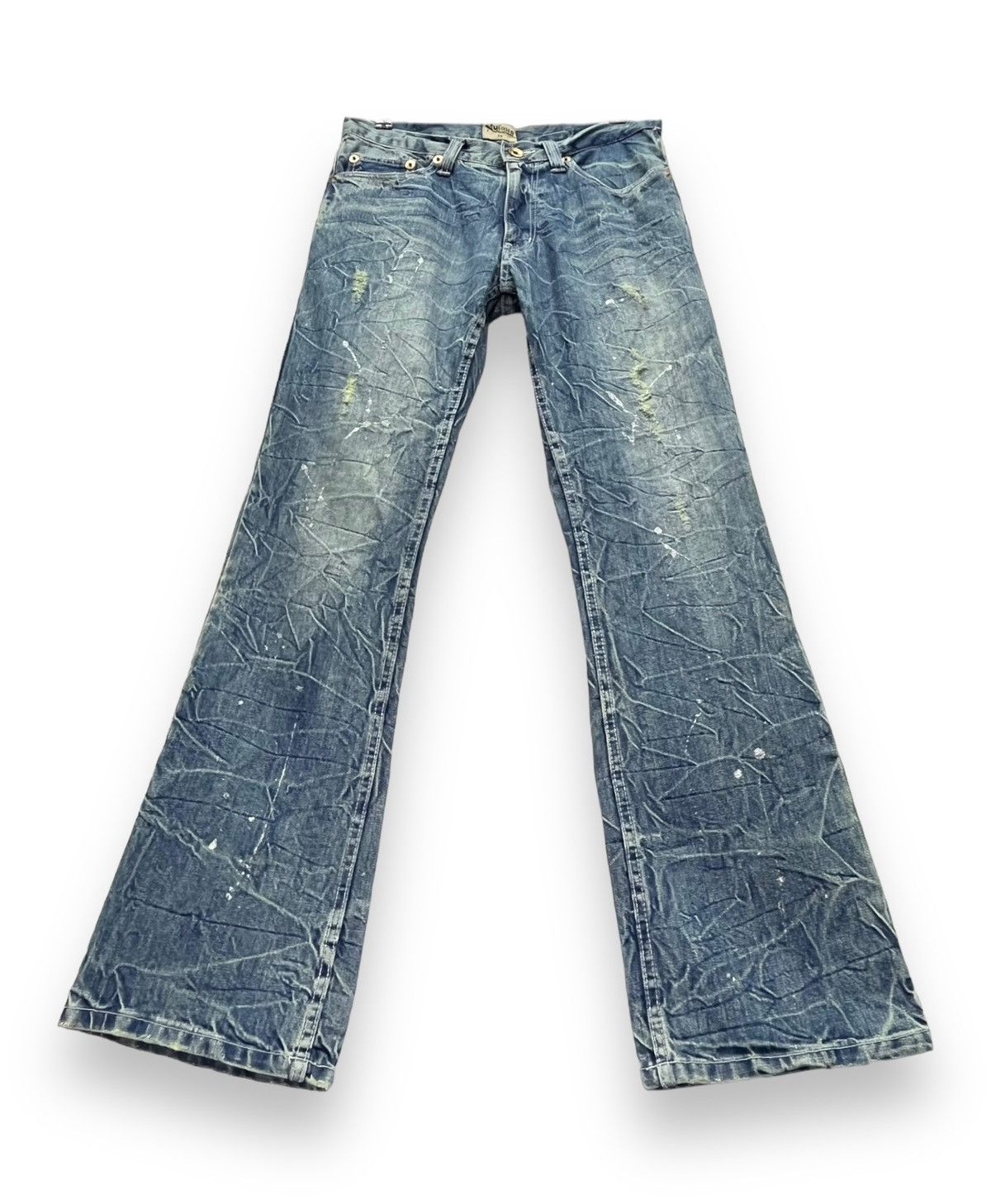 Japanese Brand NYLAUS Punk Whiskered Distressed Glitter Splash FLARE Denim Size US 30 / EU 46 - 2 Thumbnail
