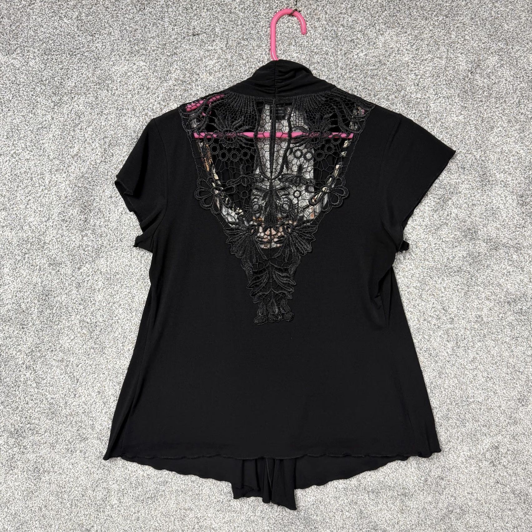 Vintage Suzie in the City Cardigan M Women Black Tunic Blouse Lightweight Knit Crochet Lace Geometric Print Open Front Sleeve Short Relaxed Vintage No Mkuu? Size M / US 6-8 / IT 42-44 - 7 Thumbnail