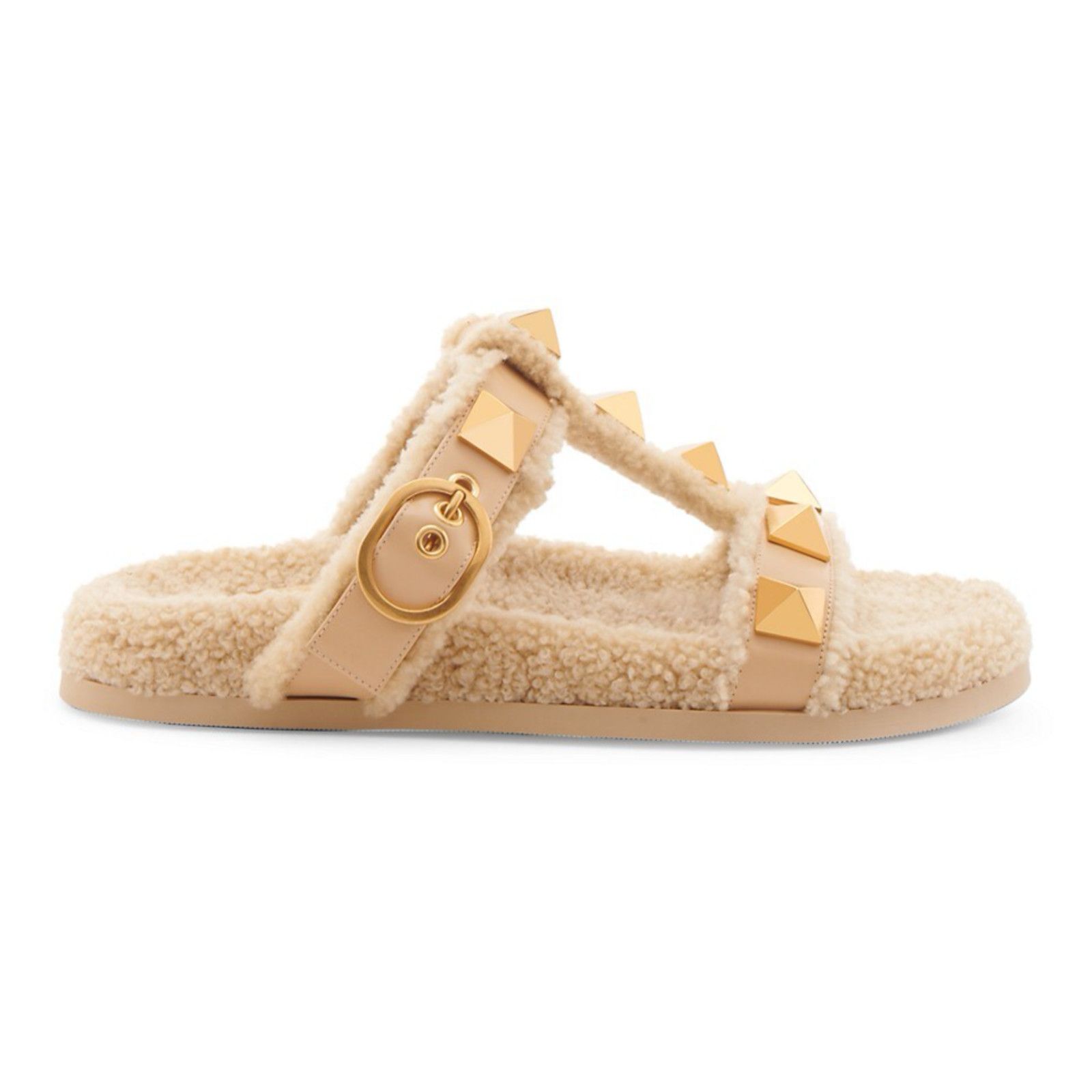 Valentino Valentino Rockstud Roman Stud Shearling Fur Beige Gold Size US 7.5 / IT 37.5 - 1 Thumbnail