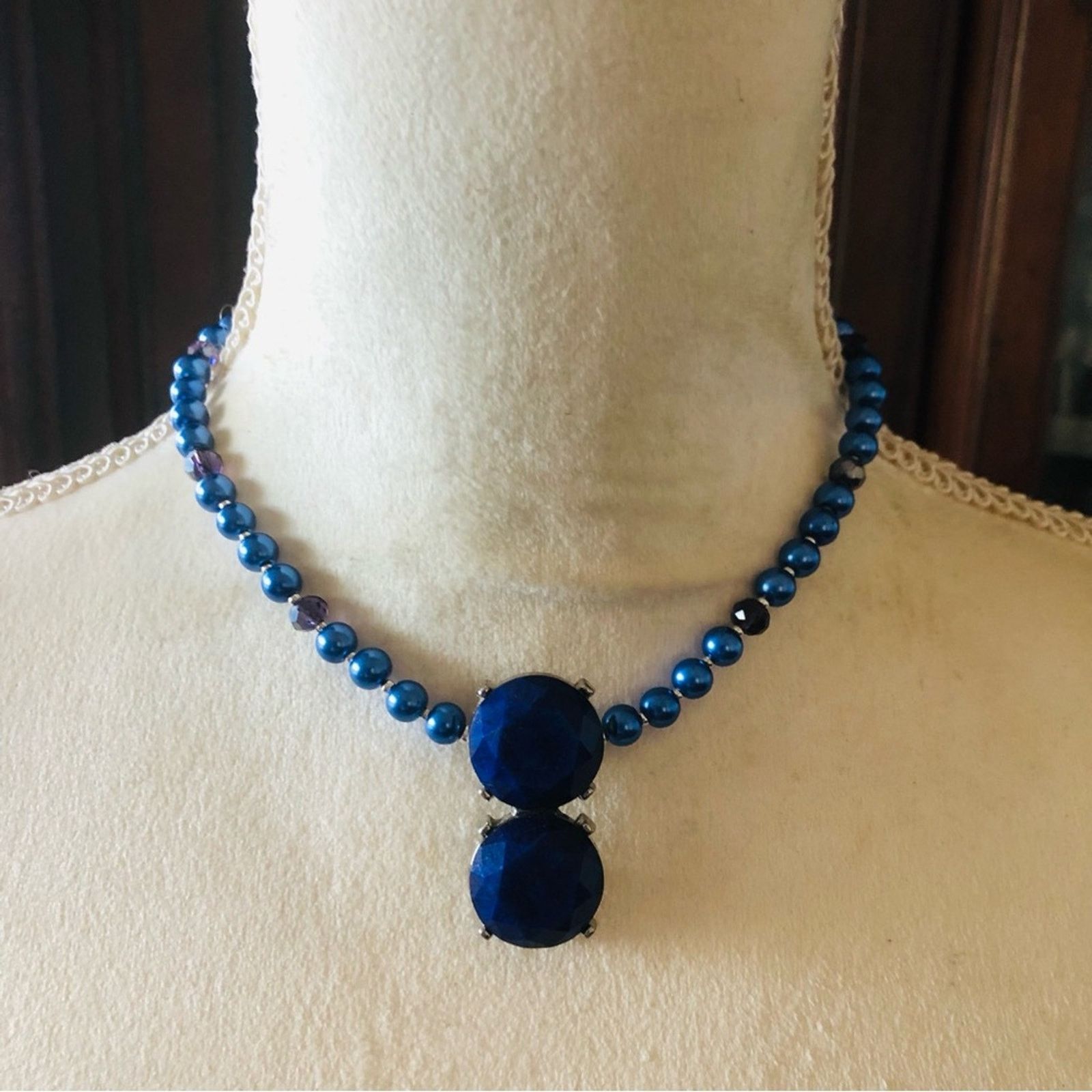Handmade Handcrafted repurpose royal blue stone Pearl necklace Size ONE SIZE - 2 Thumbnail