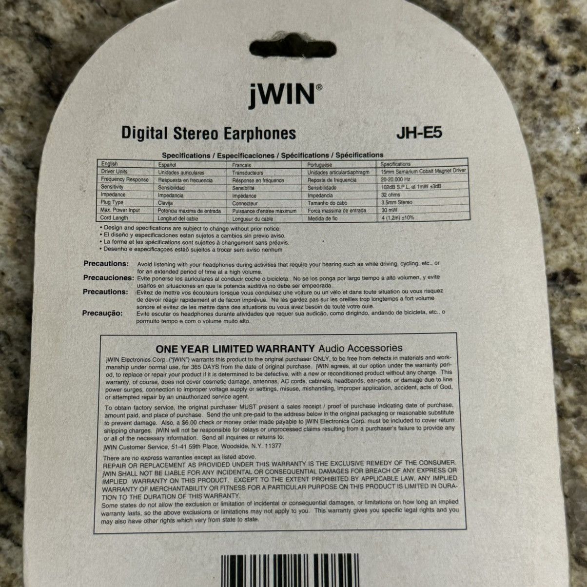 Vintage 2003 JWIN JH-E5 Super Bass Dynamic Digital Stereo Earphones Size ONE SIZE - 6 Thumbnail