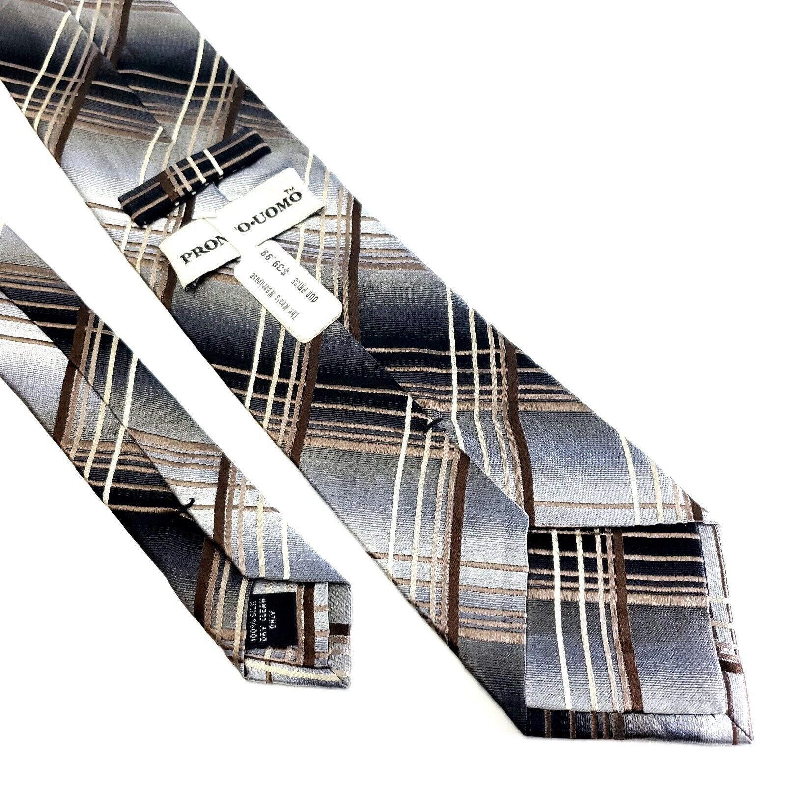 Pronto Uomo Pronto Uomo Silk Tie Woven Silver Brown Plaid Size ONE SIZE - 5 Thumbnail