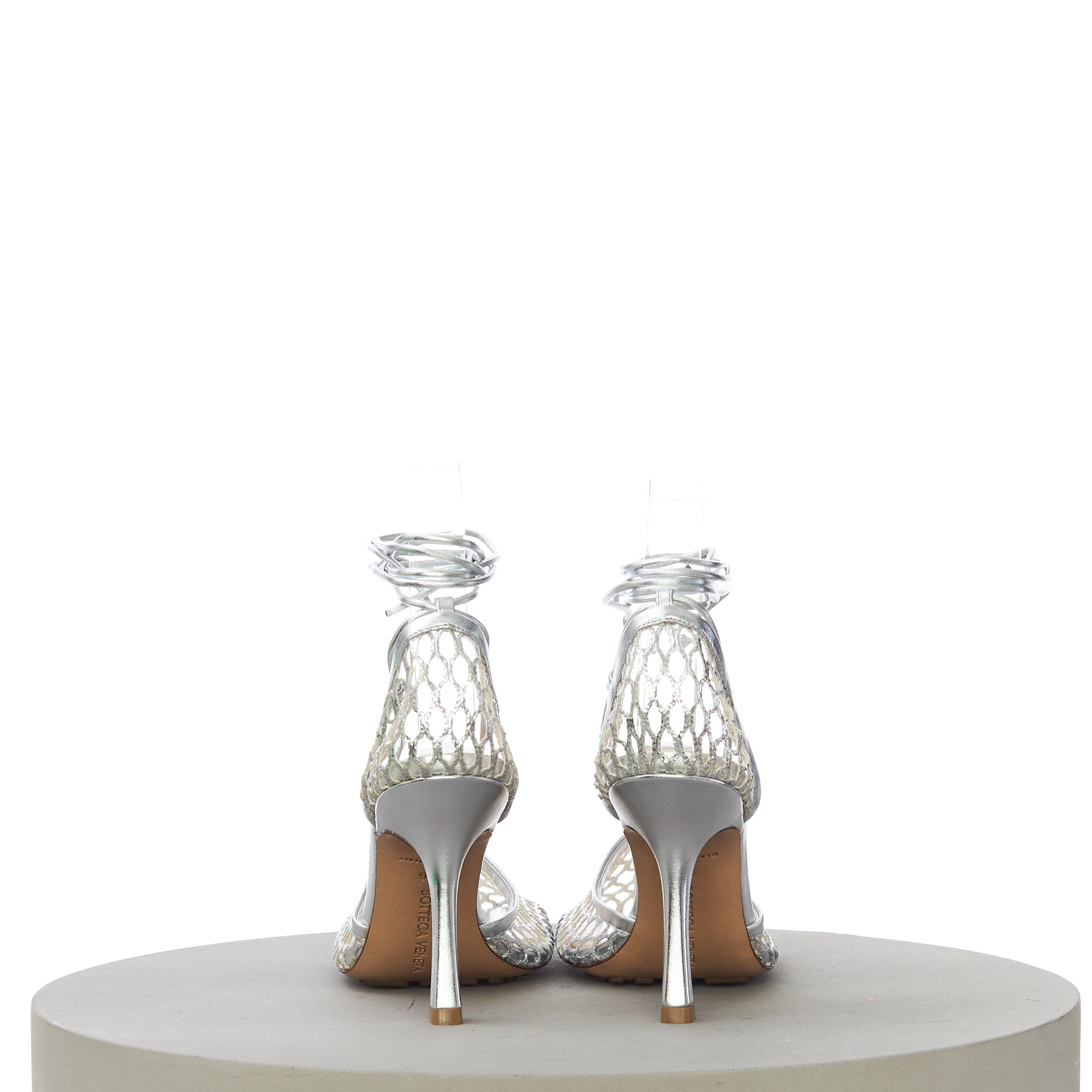 Bottega Veneta Women's Stretch Sandals In Silver Metallized Mesh & Leather Size US 7.5 / IT 37.5 - 7 Thumbnail