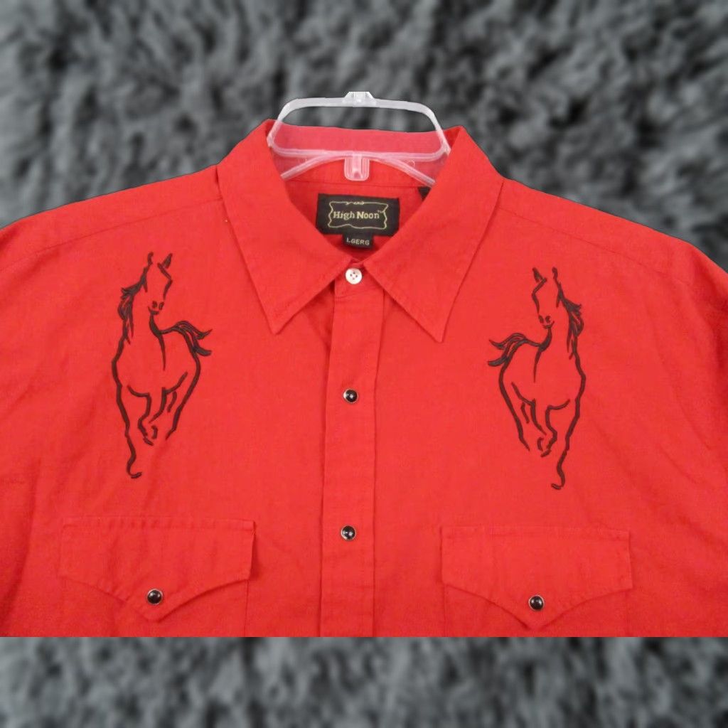Vintage VINTAGE High Noon Pearl Snap Shirt Large Southwest Cowboy Western Horse Mens Shirt L Red Cotton Polyester Short Sleeve 90s Theme Cowboy Logo Retro Size US L / EU 52-54 / 3 - 1 Thumbnail