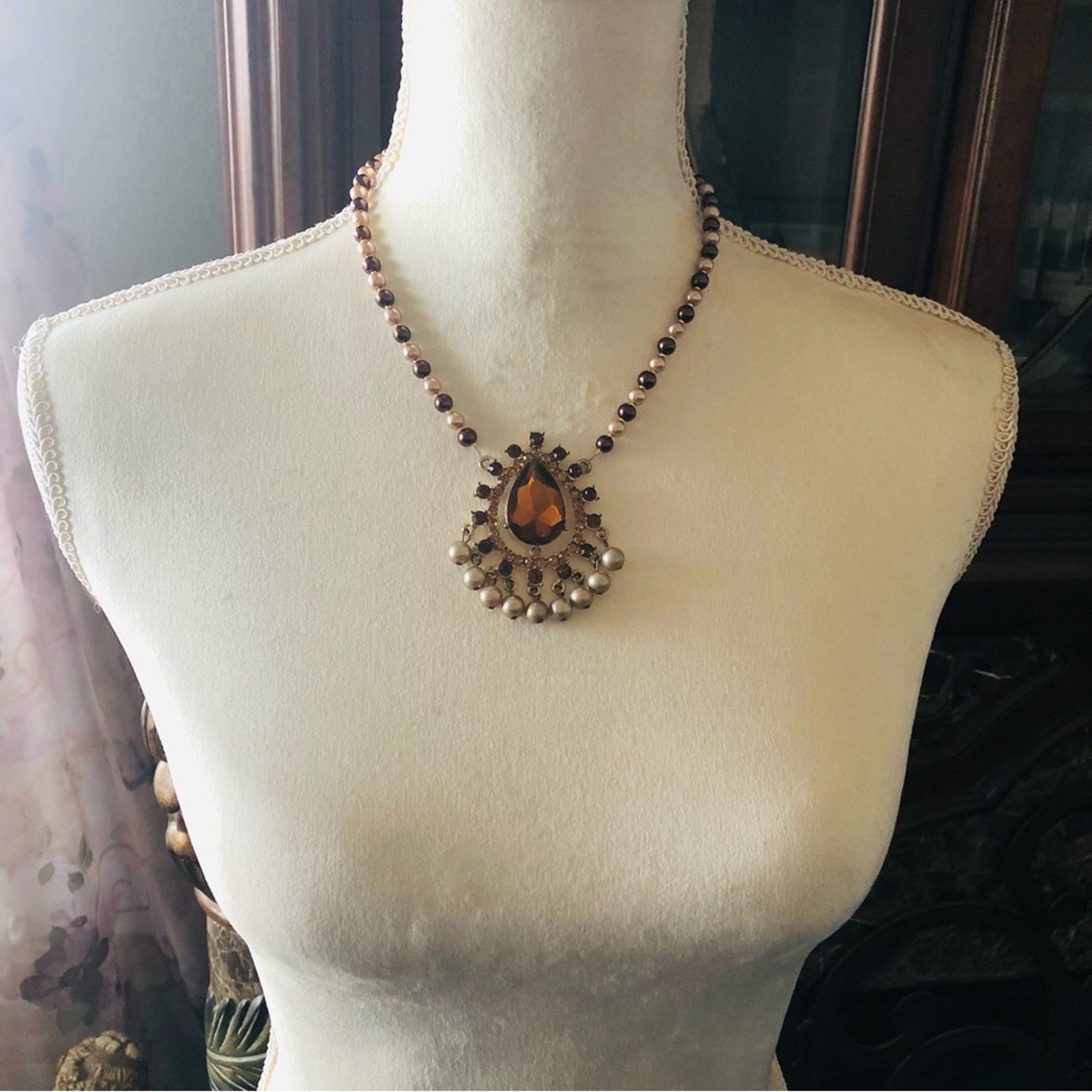 Handmade Handcrafted repurpose brown topaz pendant Pearl necklace Size ONE SIZE - 6 Thumbnail