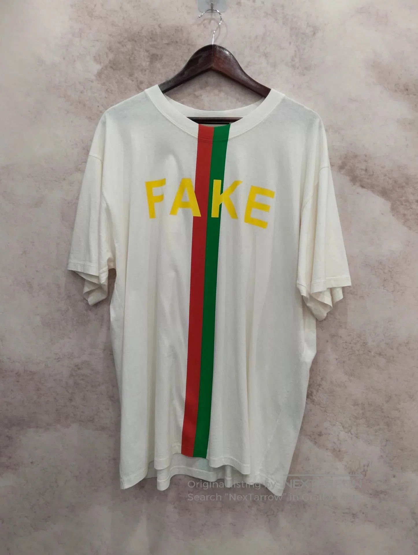 Gucci White Short Sleeve Shirt with Yellow 'FAKE' and Stripes. Size US XL / EU 56 / 4 - 1 Thumbnail