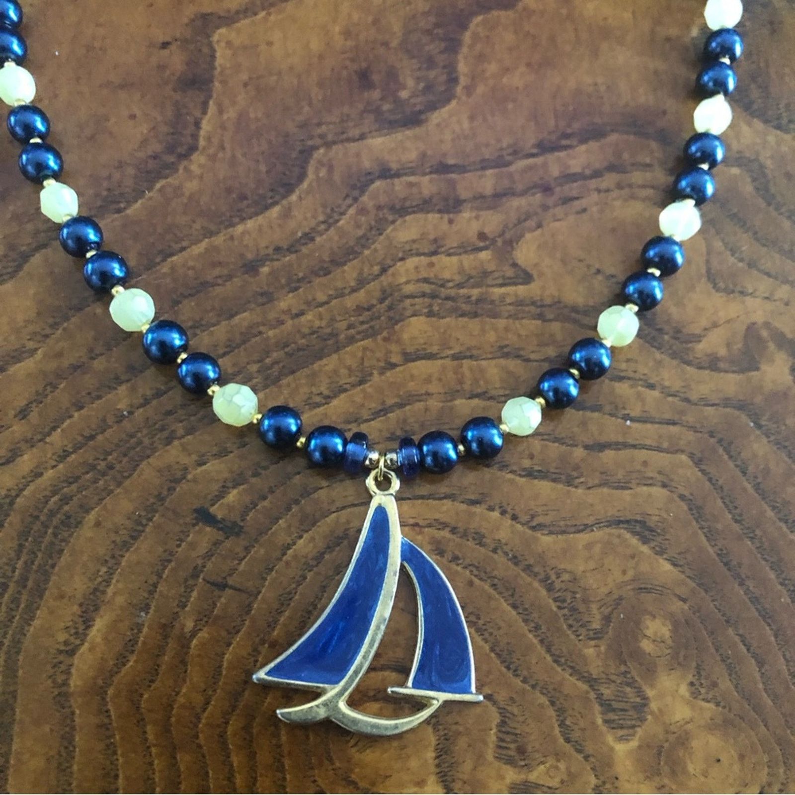 Handmade Handcrafted repurpose royal blue sailboat Pearl necklac Size ONE SIZE - 11 Thumbnail