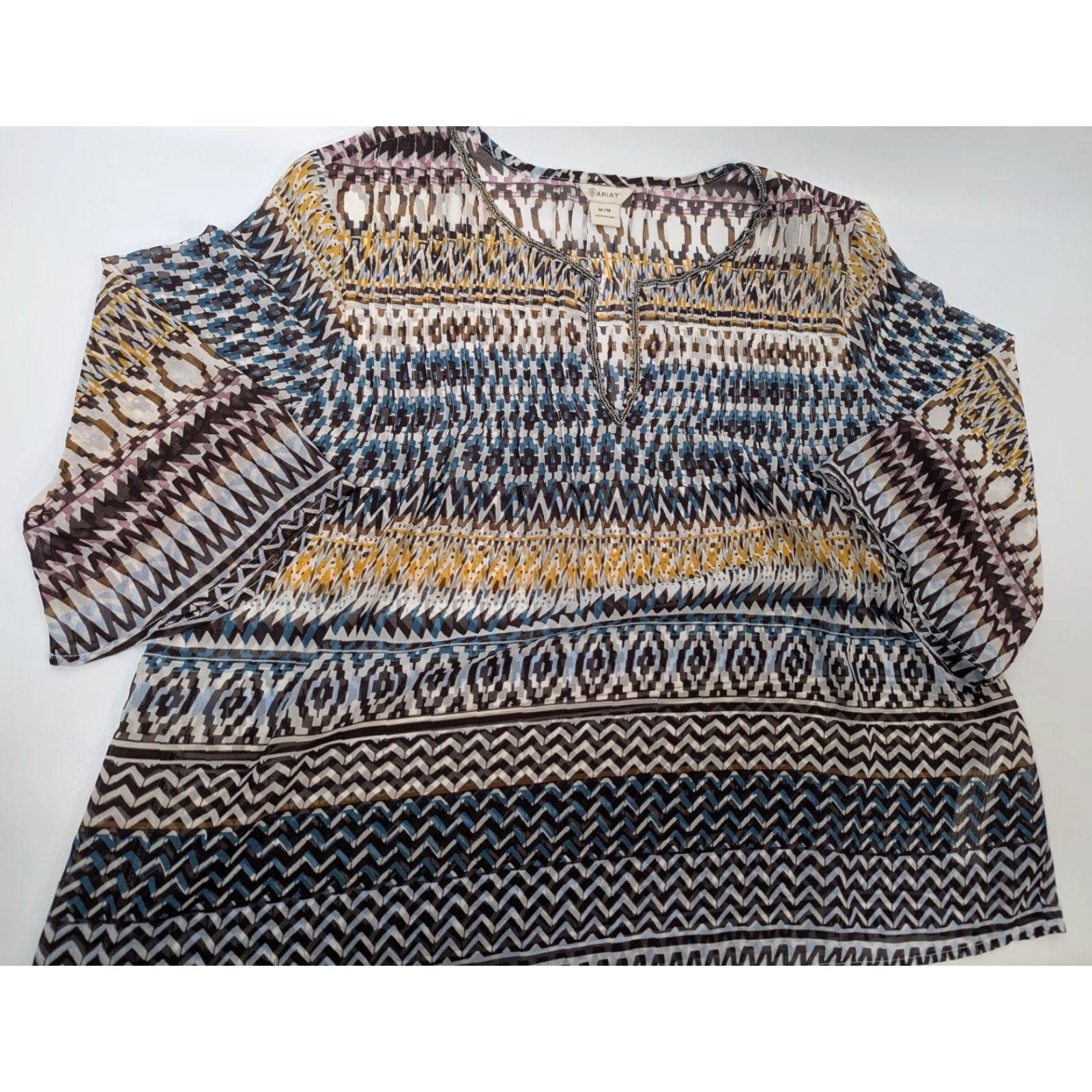 Ariat Ariat Tunic Shirt Geometric Beaded Chiffon Bohemian Western Print 3/4 Sleeve V-Neck Size M Multicolor Casual Womens Size M / US 6-8 / IT 42-44 - 2 Thumbnail