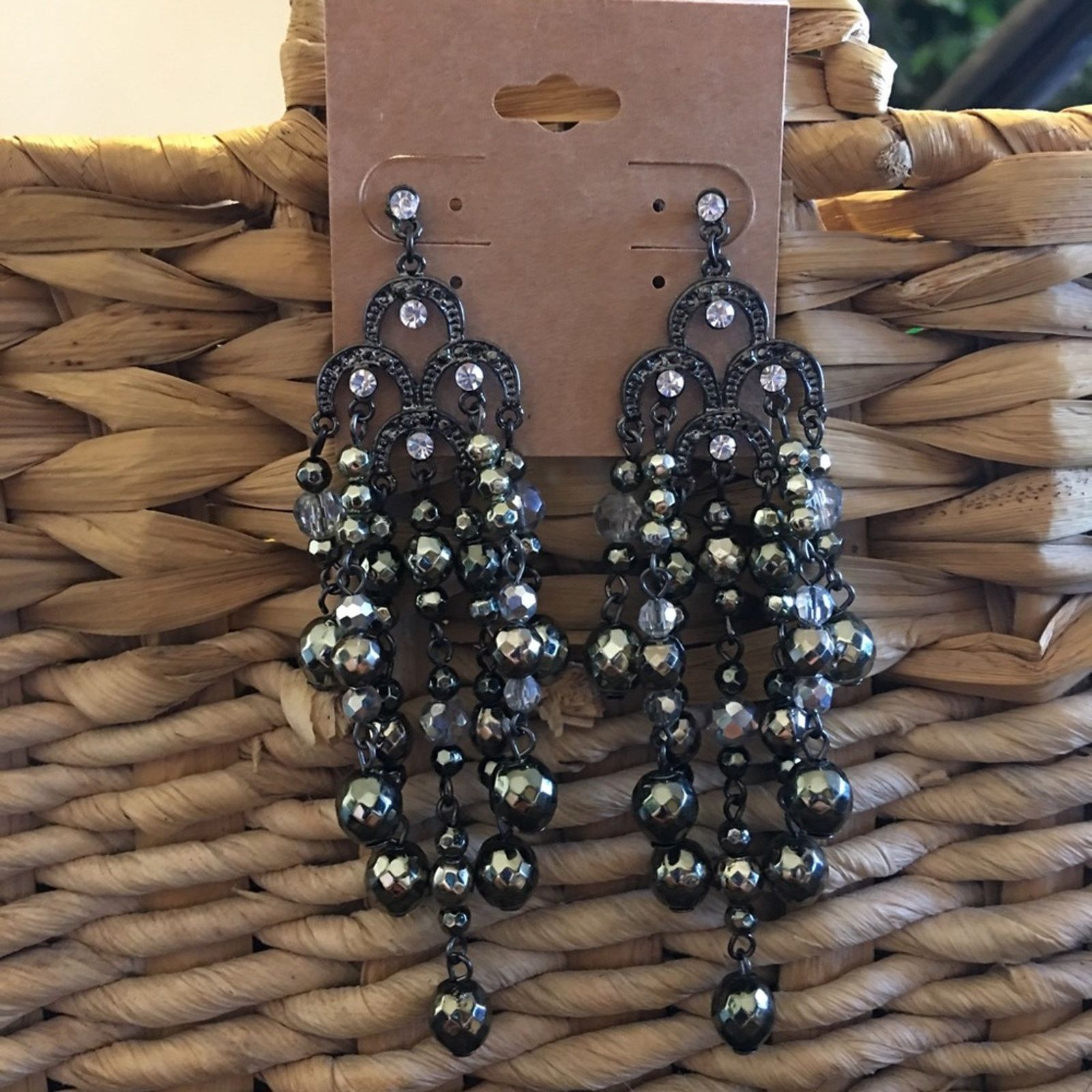 Jewelry Gunmetal Bead Rhinestone Chandelier Earrings in Black, Women's