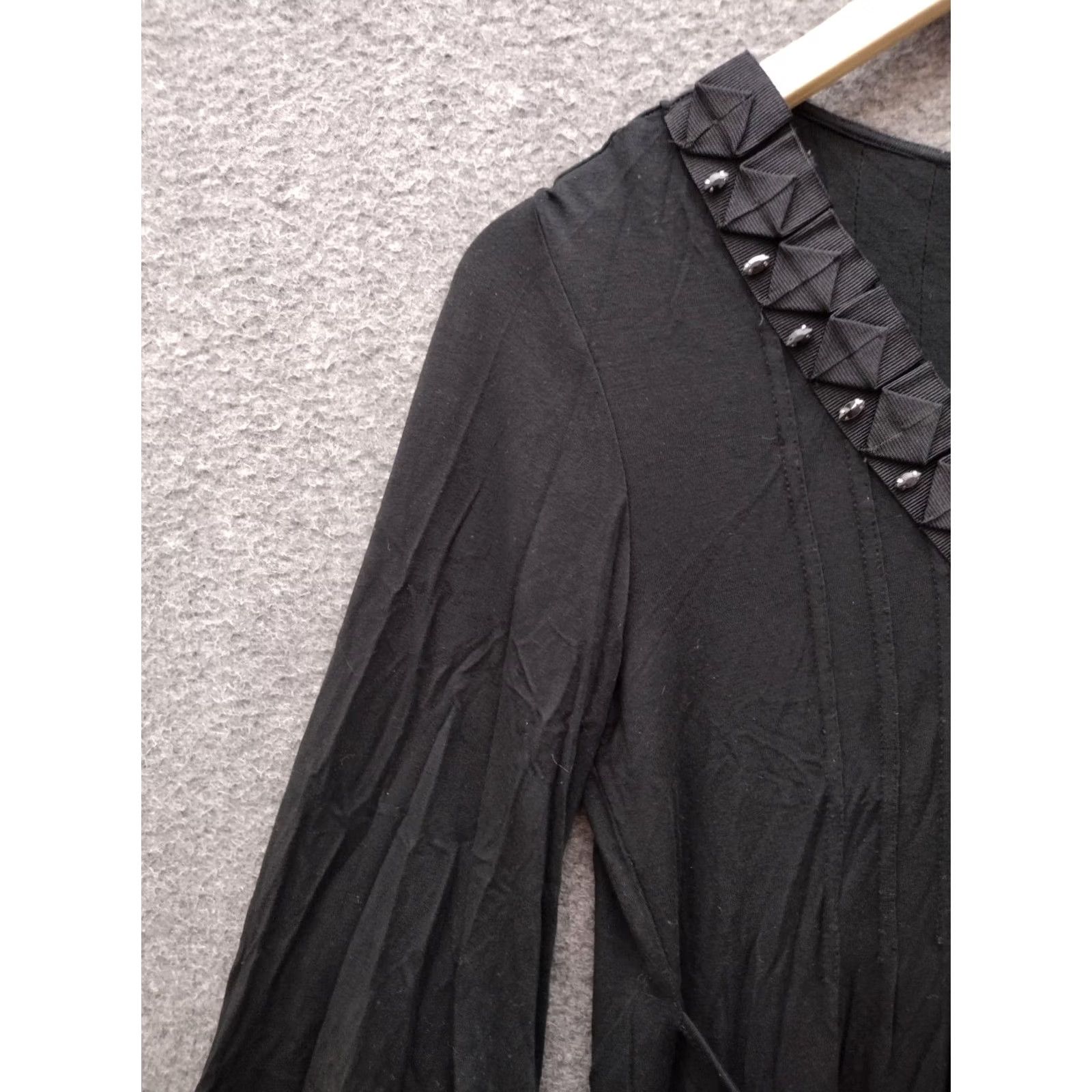 Vintage NY&Co Tunic Dress XS V-Neck 3/4 Bell Sleeve Ribbon Tie Rhinestone Black Spandex Rayon Stretch Knee Length Women's Size XS / US 0-2 / IT 36-38 - 7 Thumbnail