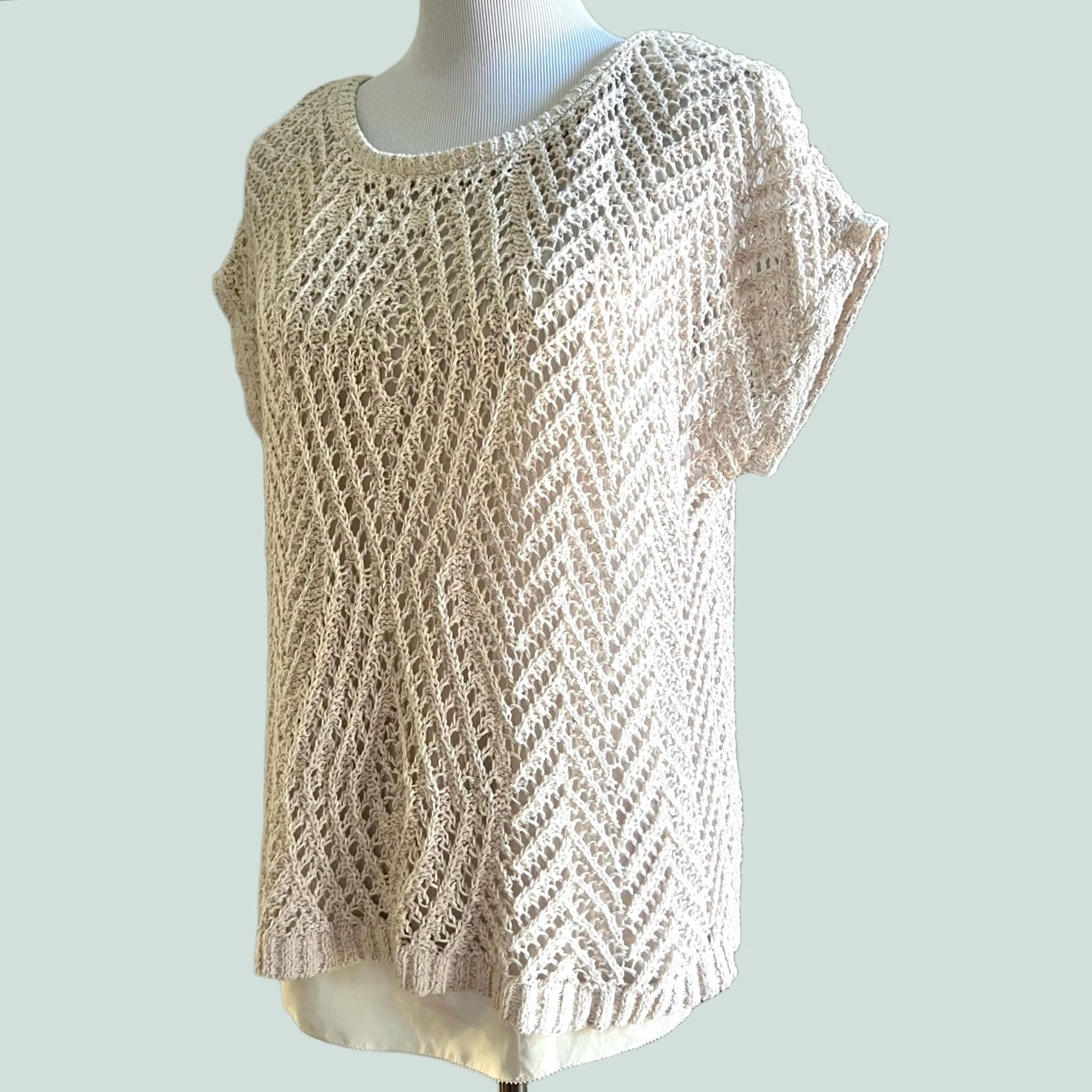 Lucky Brand Lucky Brand Crochet Open Weave Short Sleeve Layered Chiffon Cream Sz S Shirt Womens Pullover Open Knit Sweater Fashion Top Beige/Creme Size S / US 4 / IT 40 - 1 Thumbnail