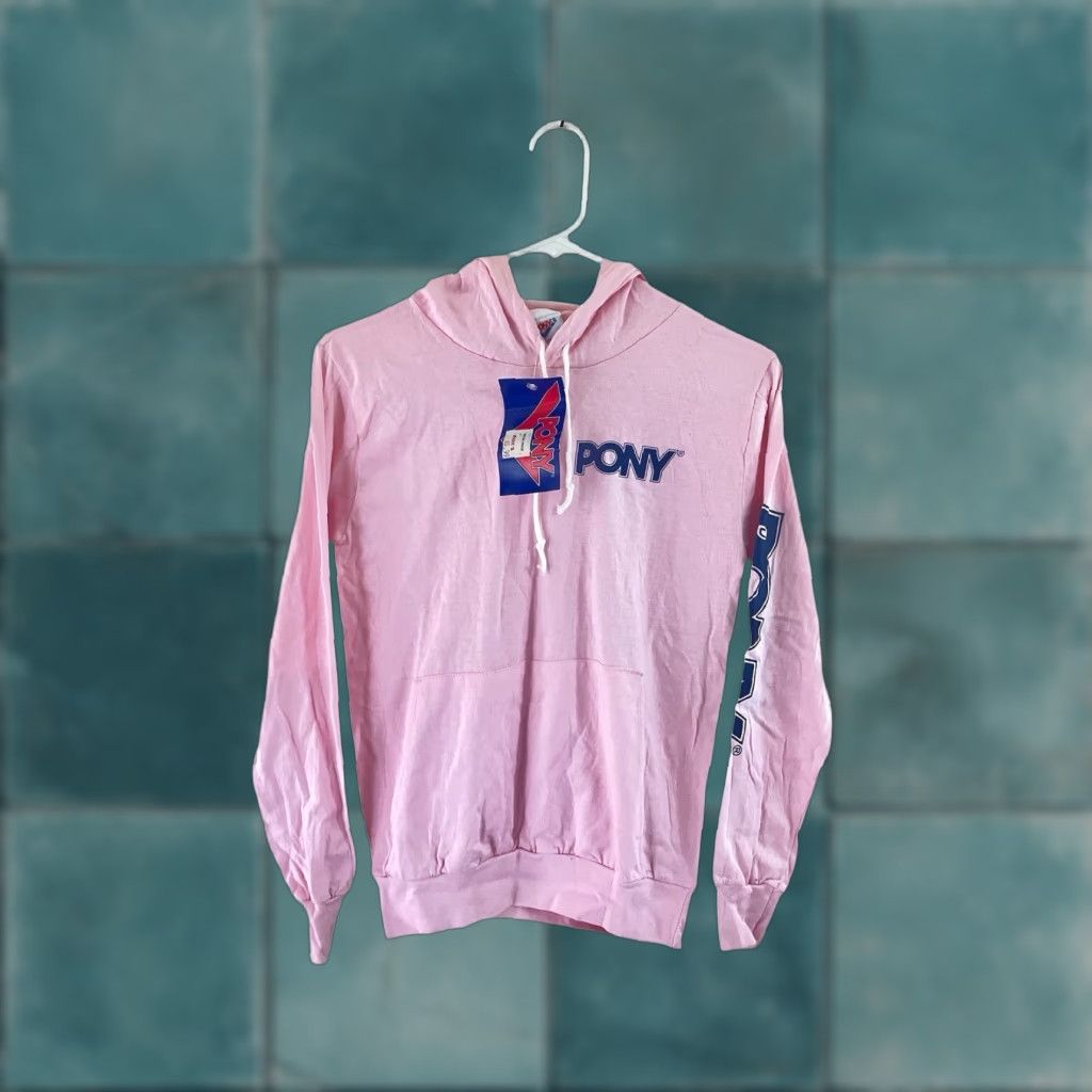 PONY VINTAGE PONY Hoodie Womens Small NWT Deadstock 90s 100% Cotton Pink Navy Logo Pullover Kangaroo Pocket Made in USA Womens Size S / US 4 / IT 40 - 1 Thumbnail