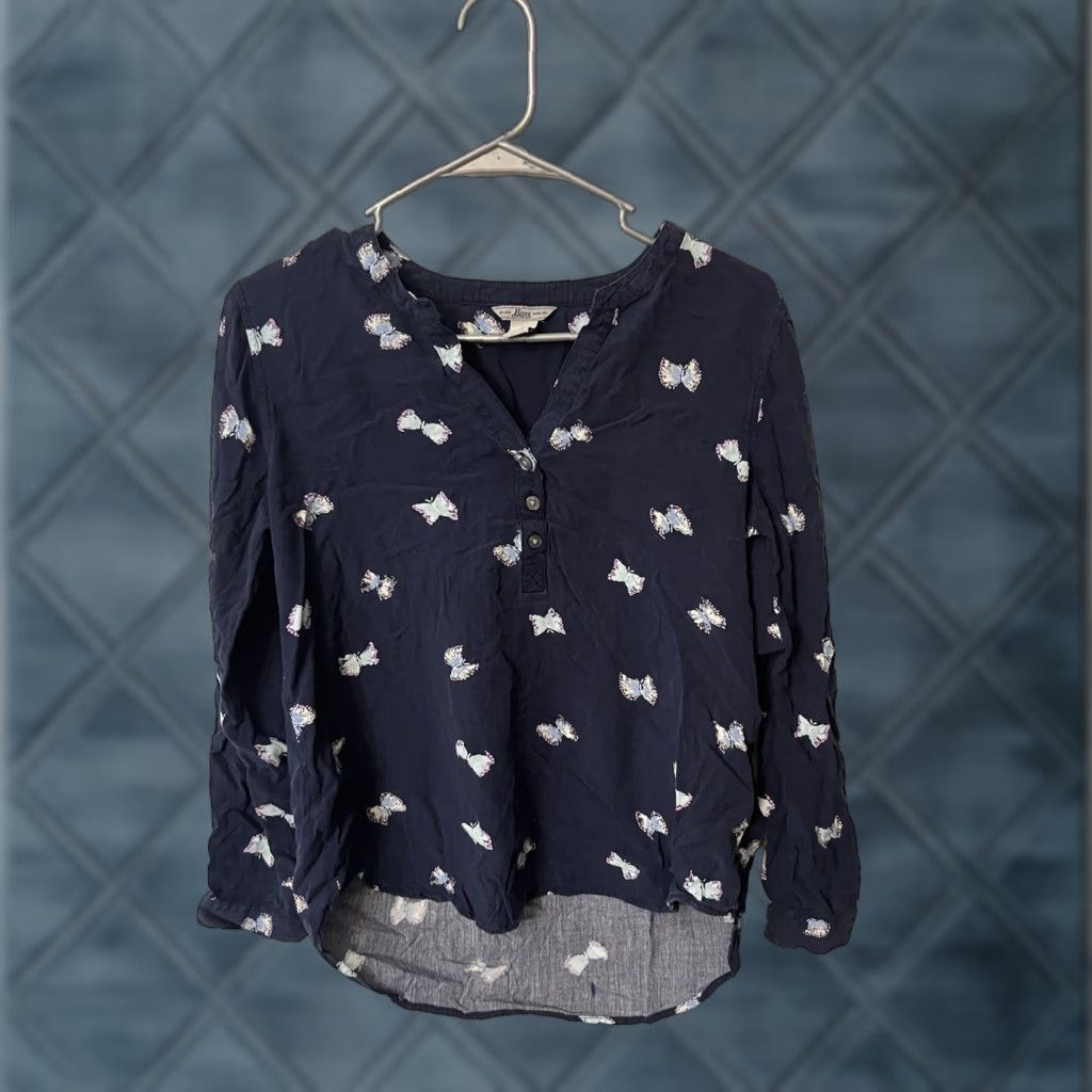 Vintage Bass Shirt Small Navy Blue Popover Butterflies Roll Tab Sleeves Top Size S / US 4 / IT 40 - 1 Thumbnail