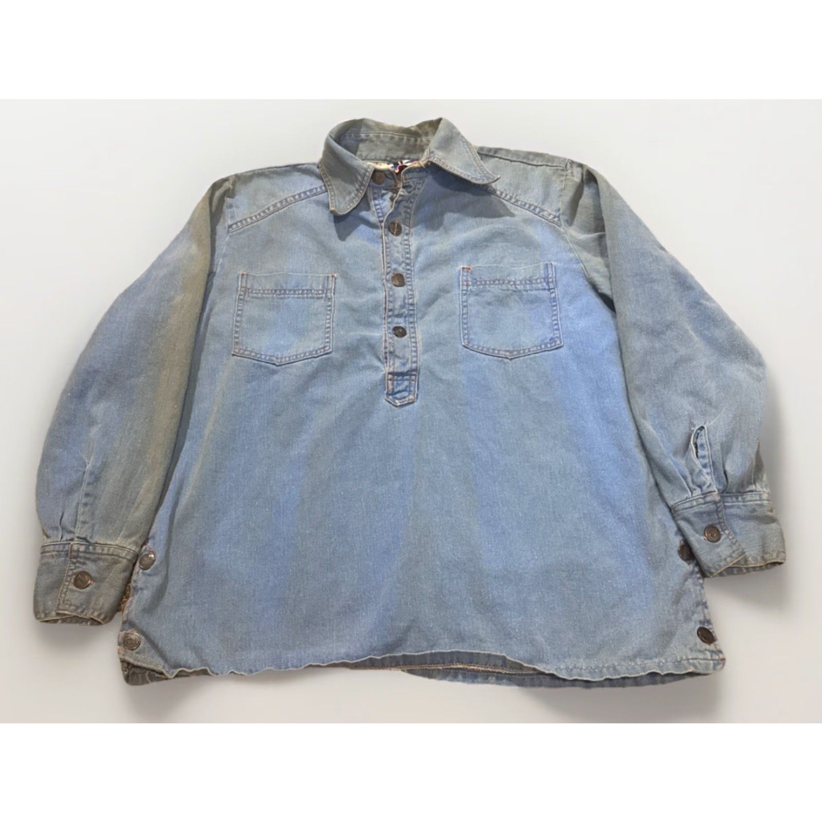 Denime VINTAGE The Flick 60s Denim Half Button Popover Blouse Shirt Women L Blue 60s Theme Size L / US 10 / IT 46 - 2 Thumbnail