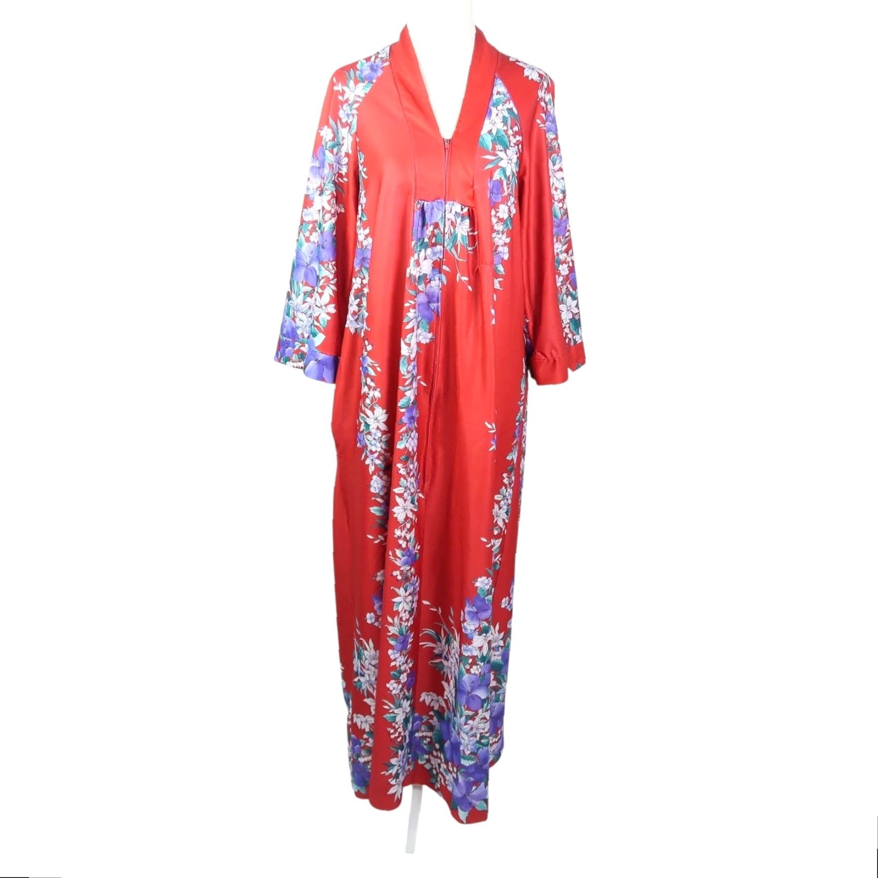 Vintage VINTAGE 70s Red Tropical Floral Zip Front Dressing Gown Muumuu Maxi Dress Robe M Dress Women Bohemian Pattern Floral Zip Front Royalty Size M / US 6-8 / IT 42-44 - 2 Thumbnail