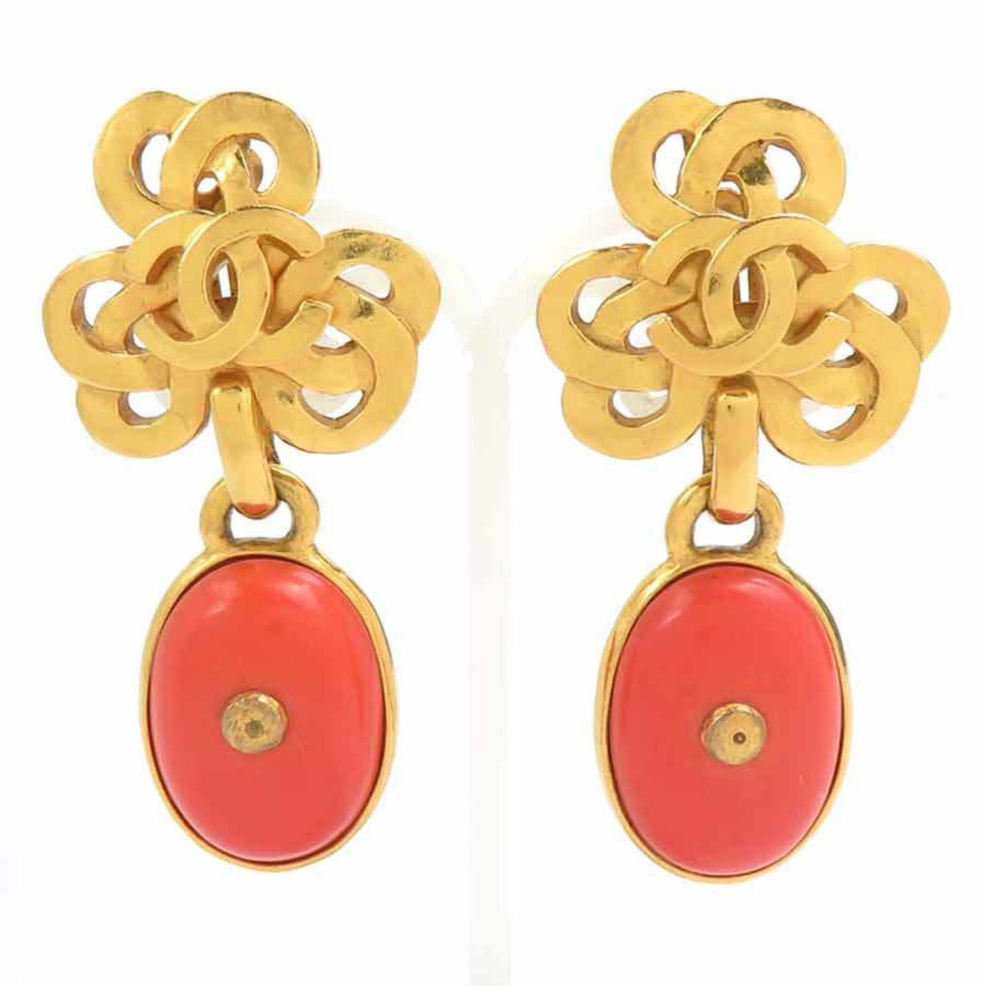 Chanel Chanel earrings, Coco Mark design, metal, stone, gold, orange, women's, e61854a Size ONE SIZE - 1 Thumbnail