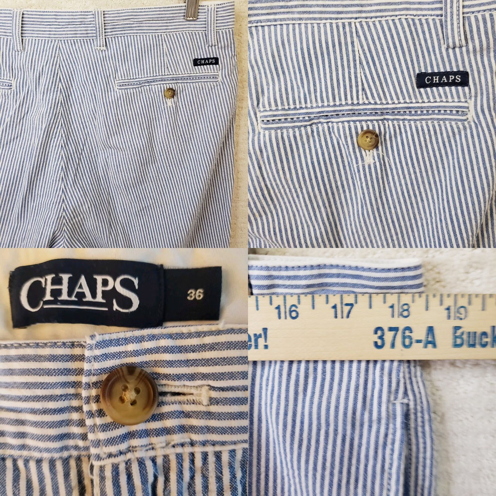 Chaps Chaps Shorts Mens 36 Blue White Pinstripe Seersucker Flat Front Chino Casual Everyday Pocket Regular Midi (9 in inseam) Machine Washable Vintage No Size US 36 / EU 52 - 8 Thumbnail