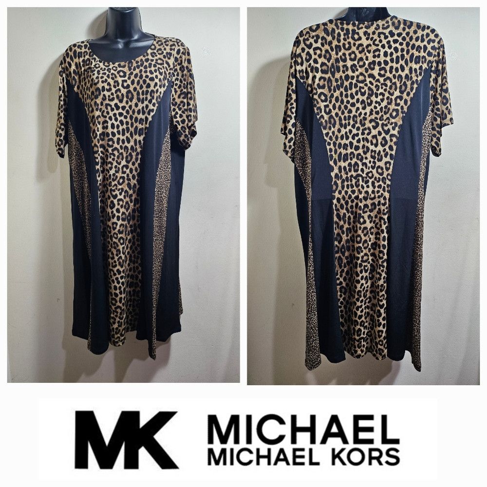 Michael Kors NWT Michael Kors Leopard Print Black Panels Dress 3X Women Size 3XL / US 20-22 - 1 Thumbnail