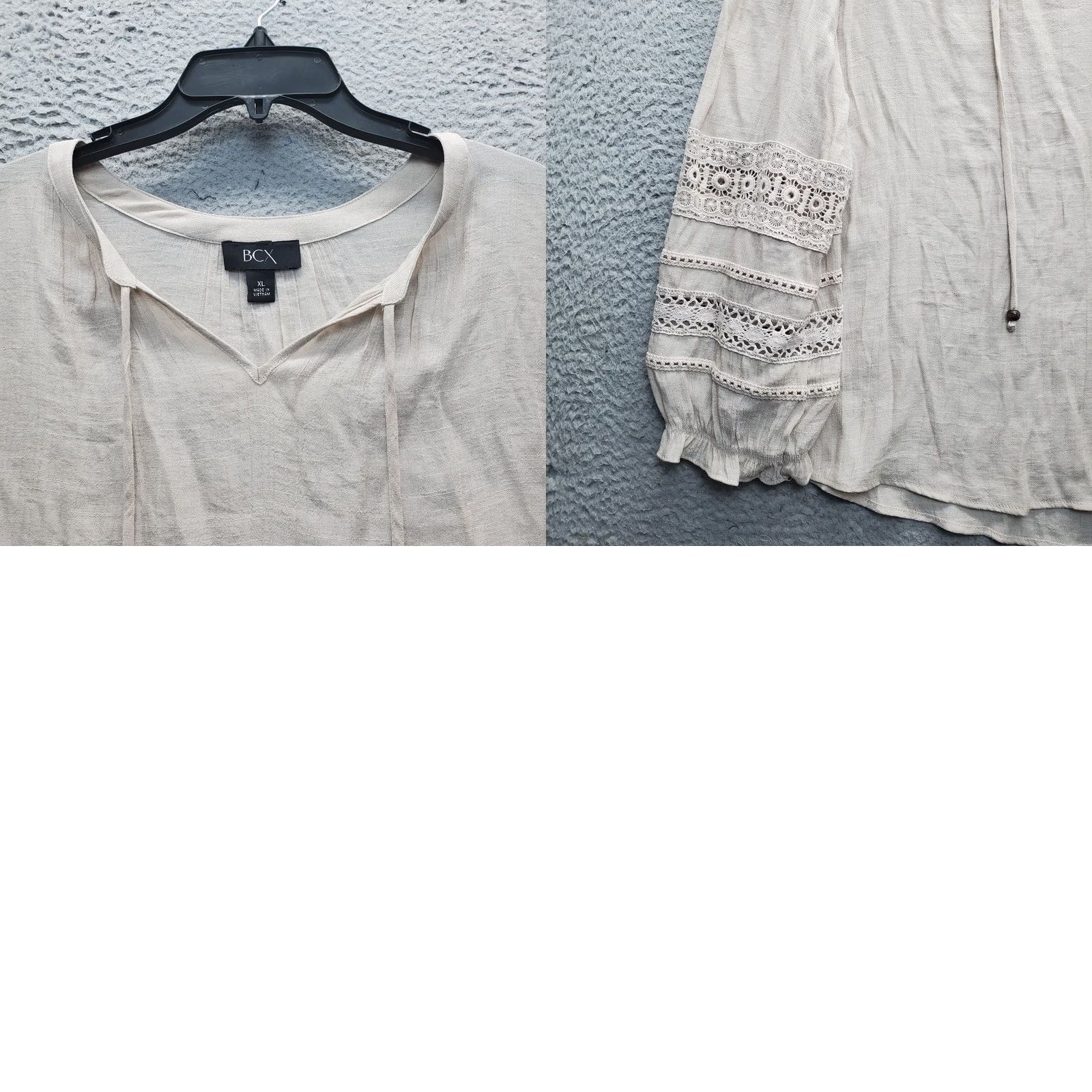 Vintage BCX Blouse Womens XL Tan Crochet Trim Balloon Sleeve V Neck Tie Front Shirt Adults Womens Size XL / US 12-14 / IT 48-50 - 8 Thumbnail