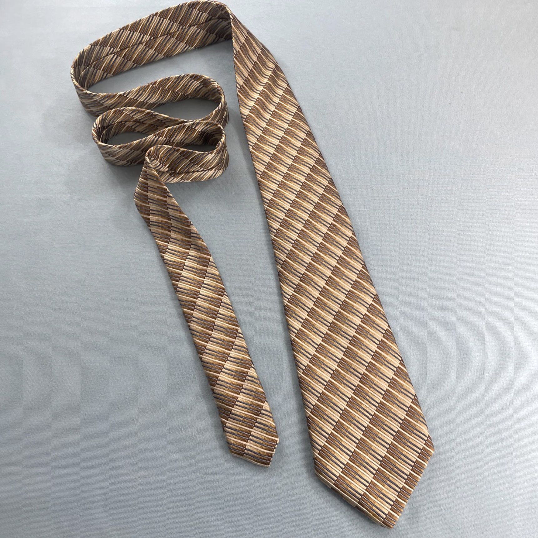 Vintage Pavone Tie Geometric Ribbed Woven Silk ITALY Vintage 3.5x61" Brown Cream Blue Mens Width 3.5" 1990s Signature Statement Size ONE SIZE - 3 Thumbnail