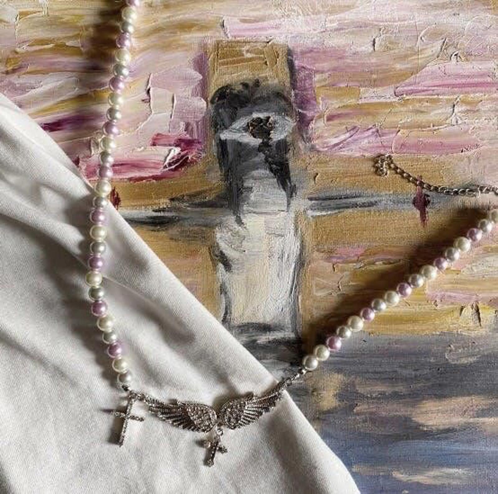 Jewelry Fashion punk angel wing cross pendant pearl chain Necklace Size ONE SIZE - 3 Thumbnail