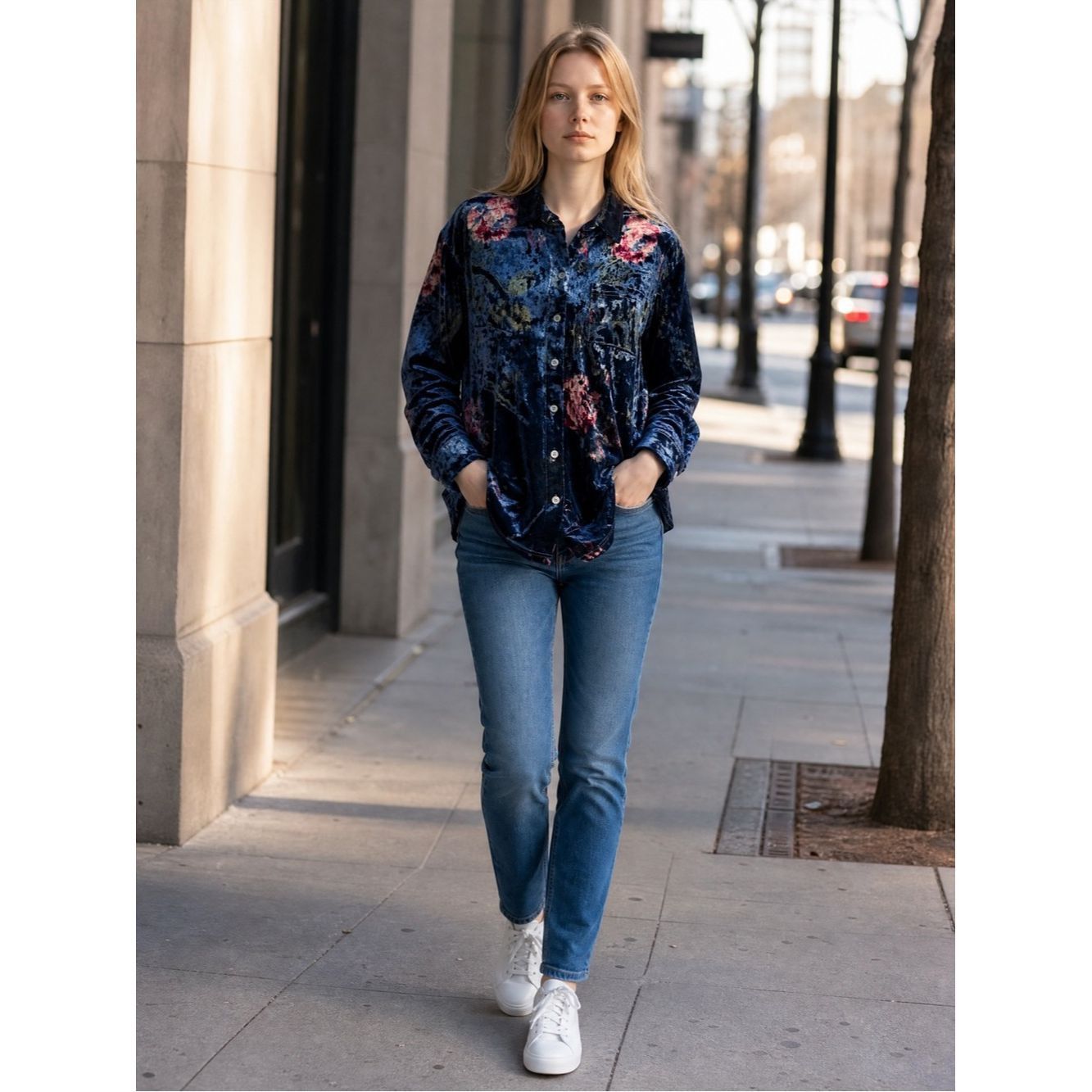 Other New Belle By Kim Gravel Crushed Velvet Blue Floral Button D Size M / US 6-8 / IT 42-44 - 1 Thumbnail