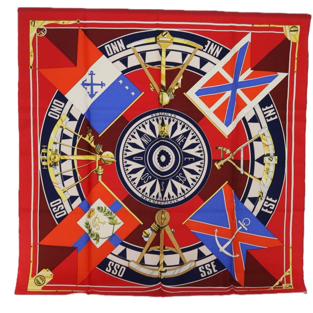 image of Hermes Carre 90 Sextants Scarf Silk Red Auth Bs10917, Women's