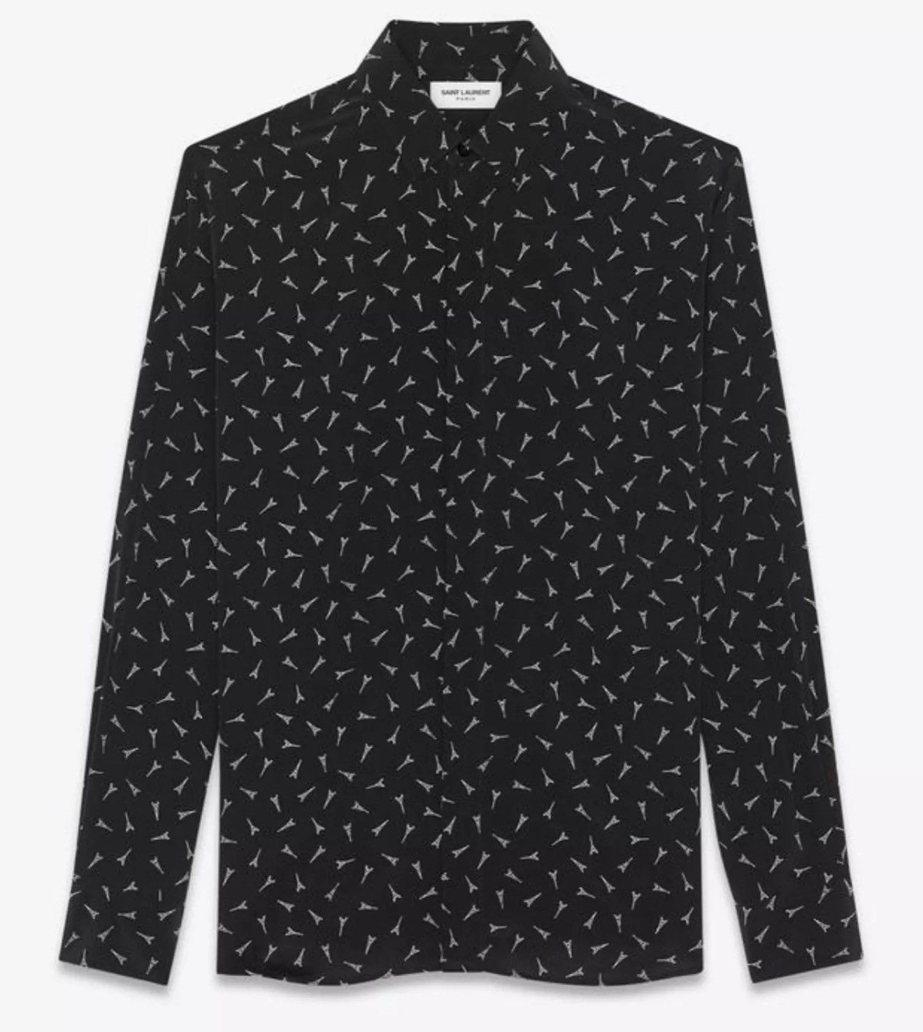 Saint Laurent Paris Saint Laurent YSL Black Eiffel Tower Print Silk Button Down Size US XXS / EU 40 - 1 Thumbnail