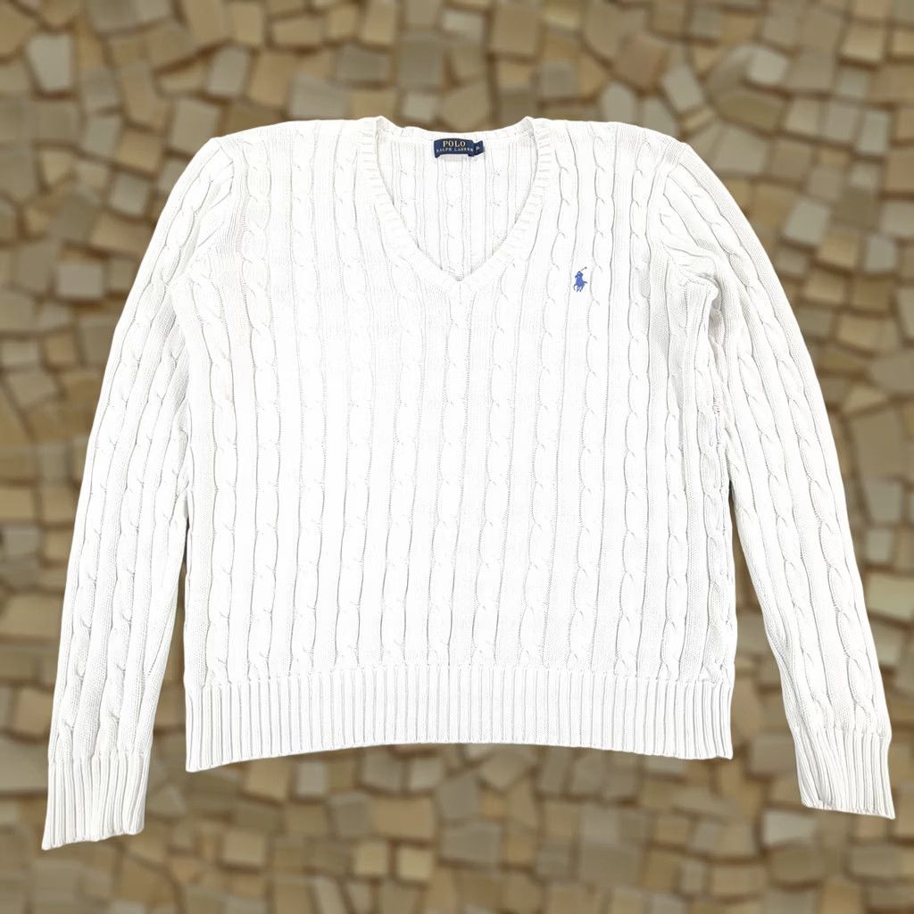 Polo Ralph Lauren Polo Ralph Lauren Jumper Womens XL Cable Knit Cotton Pullover V-Neck White Size XL / US 12-14 / IT 48-50 - 1 Thumbnail