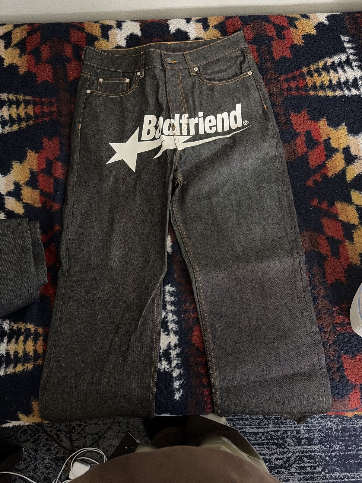 Badfriend Jeans White and Purple lettering and