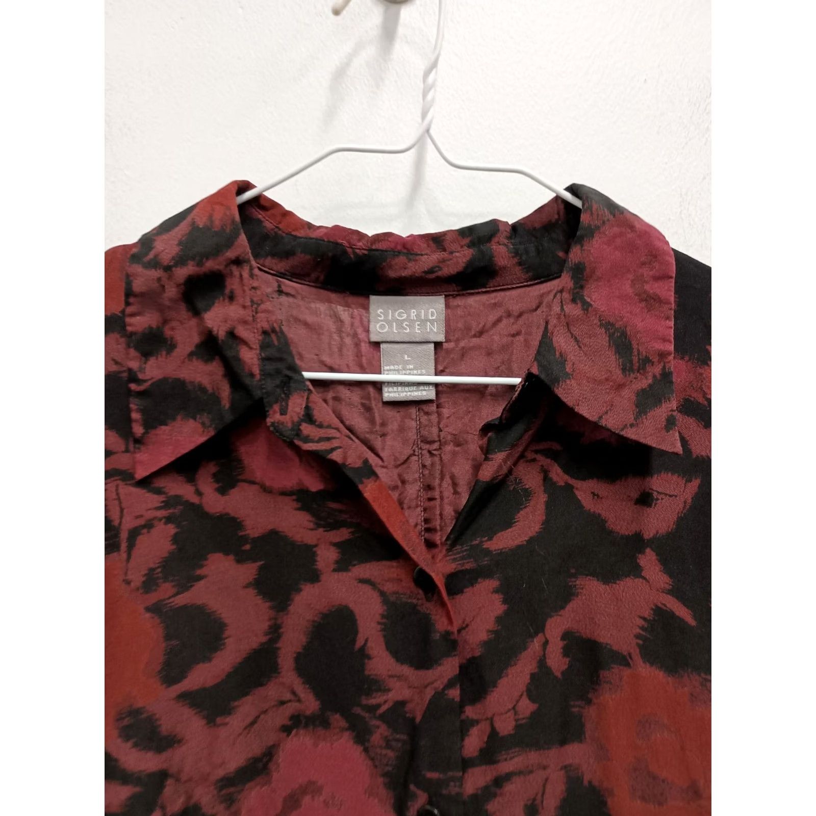Vintage Silk Blend Floral Shirt - Large Red Black Long Sleeve Top - Philippines Size L / US 10 / IT 46 - 2 Thumbnail