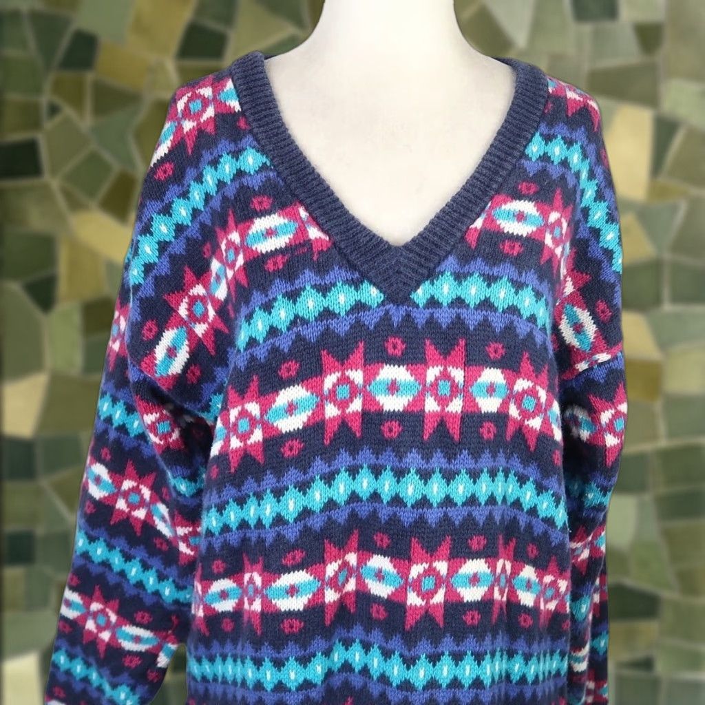 Nordstrom VINTAGE 90s Geometric Cotton Knit Sweater M Navy Blue Pink Geometric V-Neck Pullover Womens Size M / US 6-8 / IT 42-44 - 1 Thumbnail