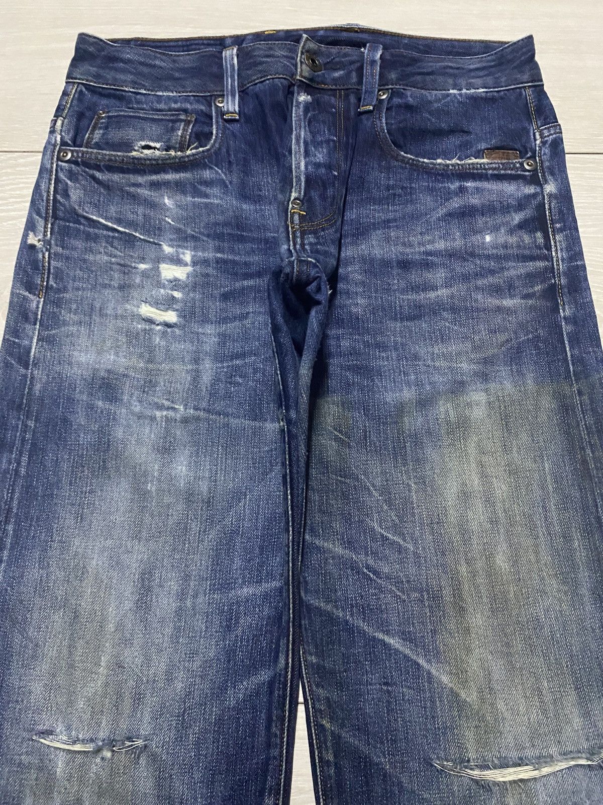 G-Star Vintage G Star Raw Denim Blue Wash Distressed Straight Jeans Size US 29 - 3 Thumbnail