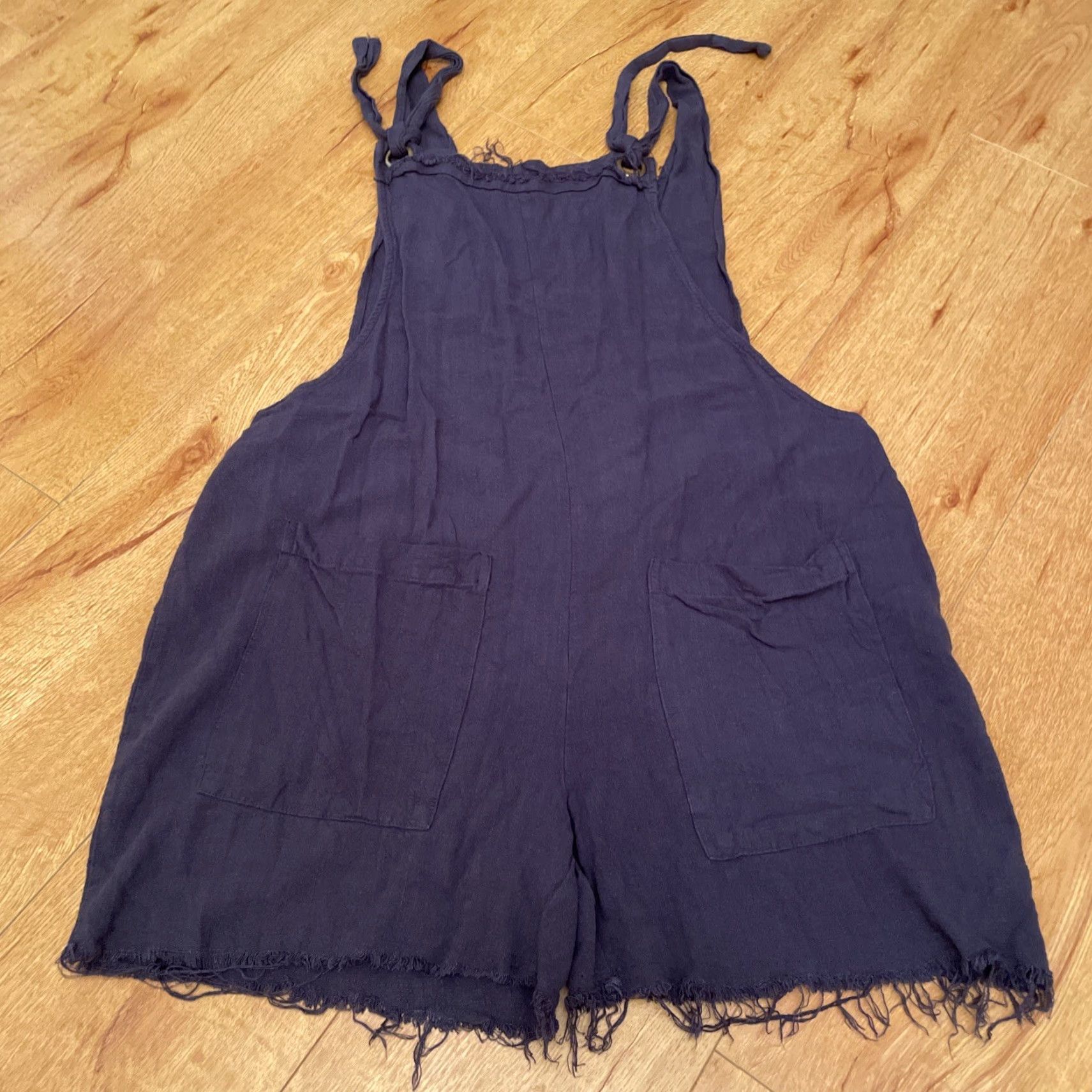 Vintage Natural Life Carly Overall Shorts Large Tie Front Navy Linen Blend Boho Casual Women Large Tie Front Shorts Size 36" / US 14 / IT 50 - 2 Thumbnail