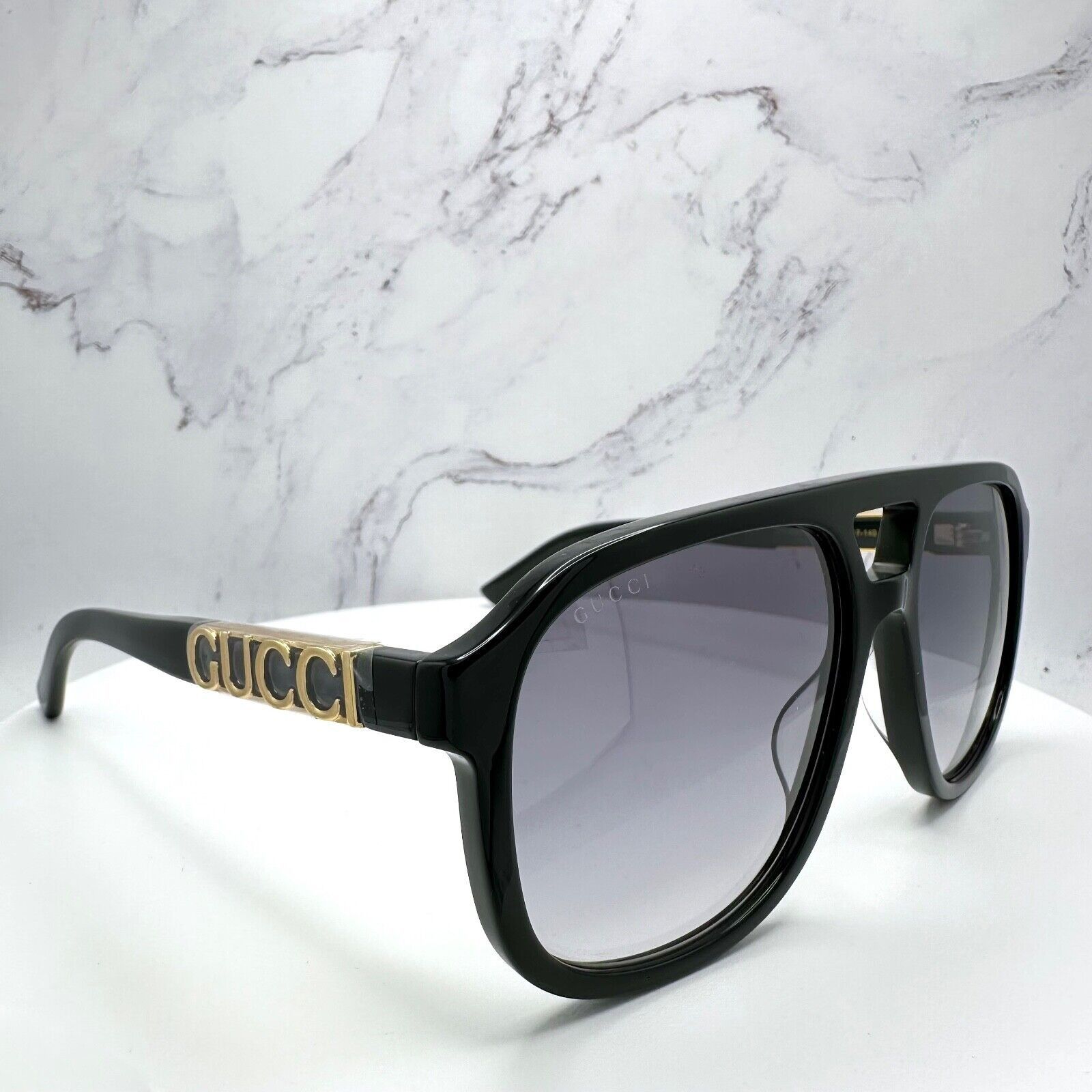 New Gucci Sunglasses Black Pilot Aviator 58mm Navigator Gold