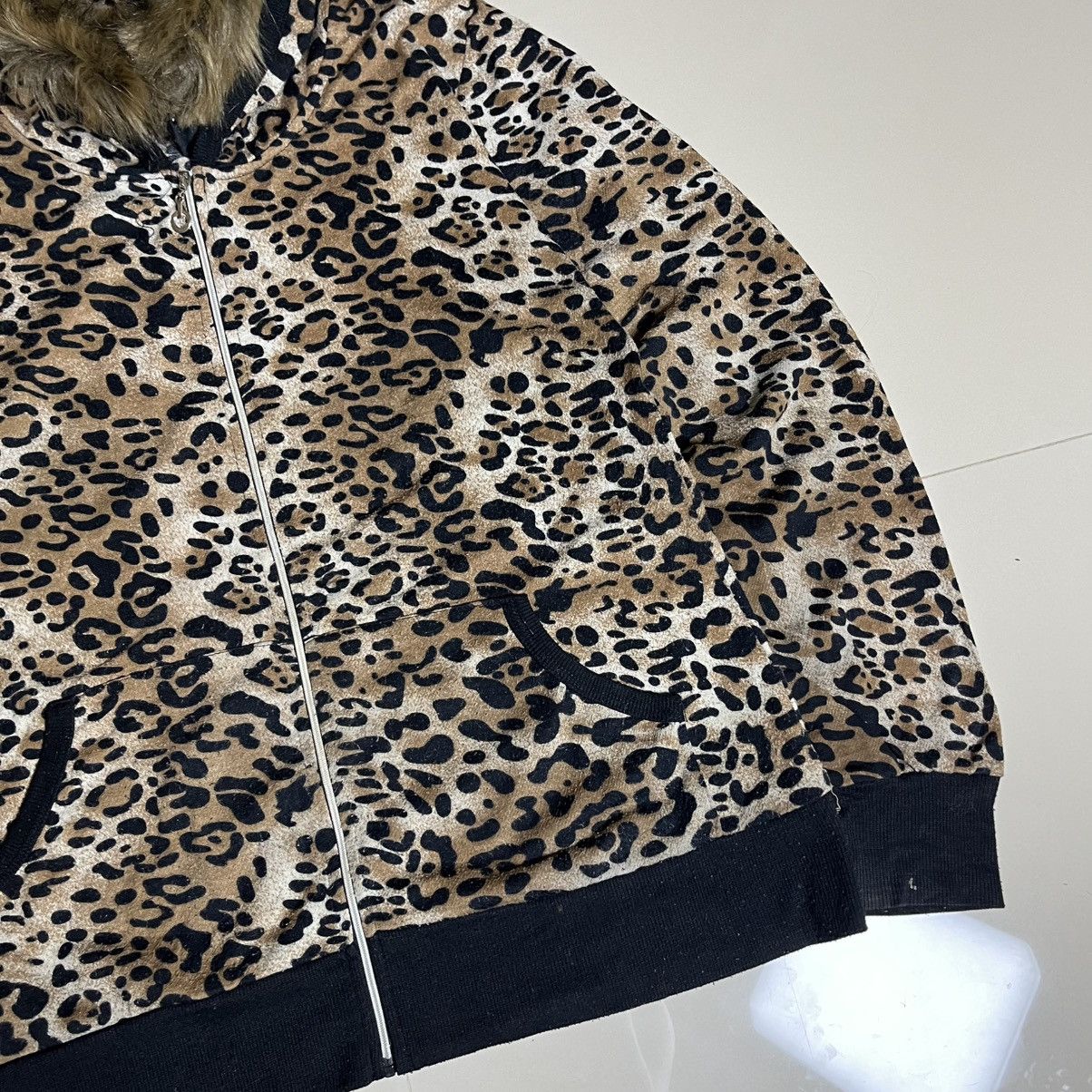 Y2K Leopard Fur Trim Hooded Zip Up Hoodie