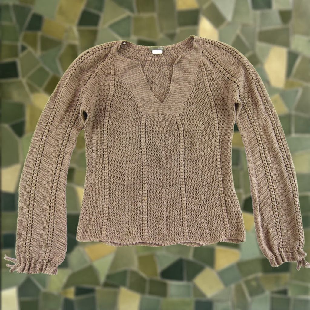 J.Crew Vintage J.Crew Brown Knit Crochet V-Neck Cinch Sleeve Pullover Sweater S Size S / US 4 / IT 40 - 1 Thumbnail