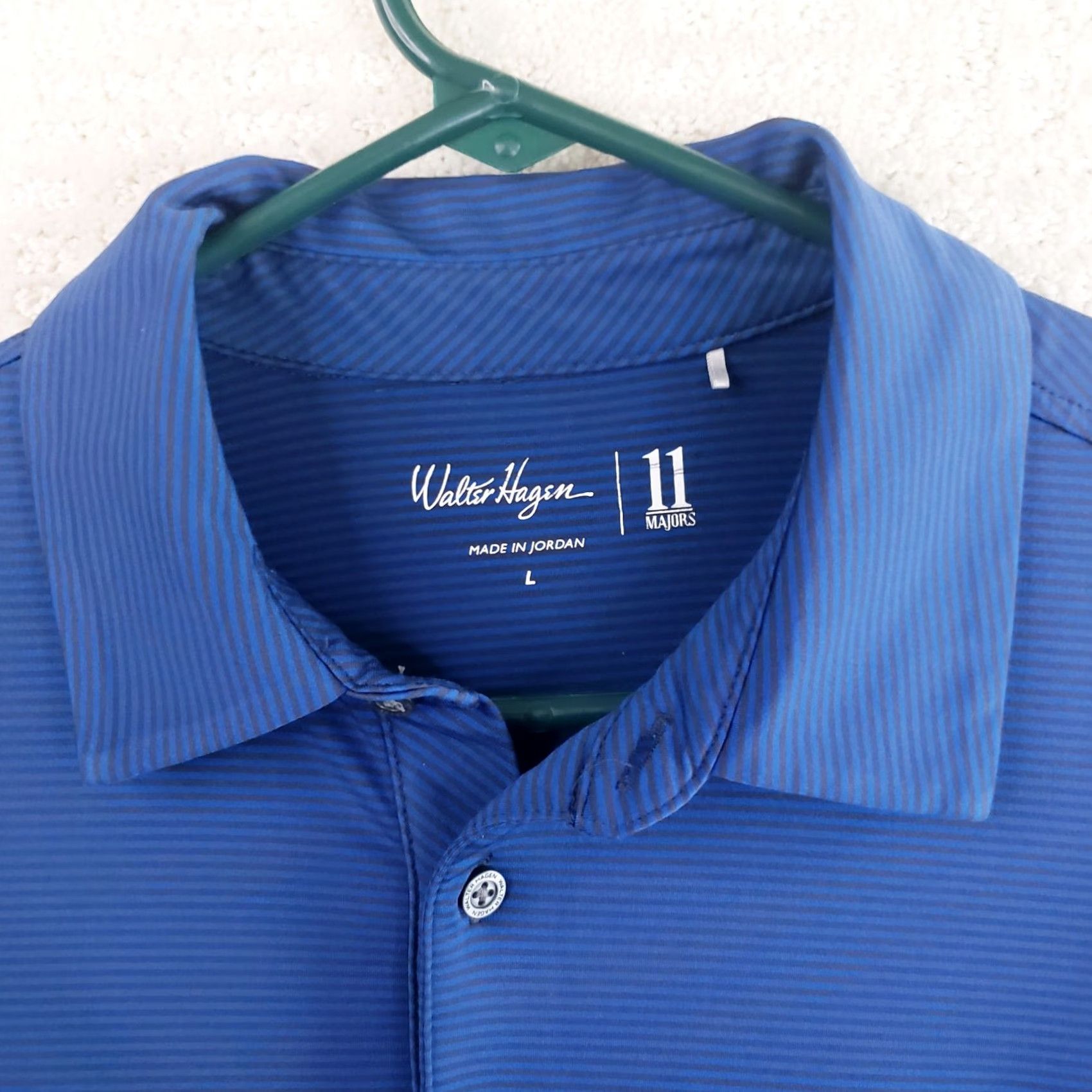 Vintage Walter Hagen 11 Majors Polo Shirt Mens L Blue Charcoal Striped Golf Stretch Activewear Polo Short Sleeve Casual Workwear Knit Polyester Blend Size US L / EU 52-54 / 3 - 4 Thumbnail