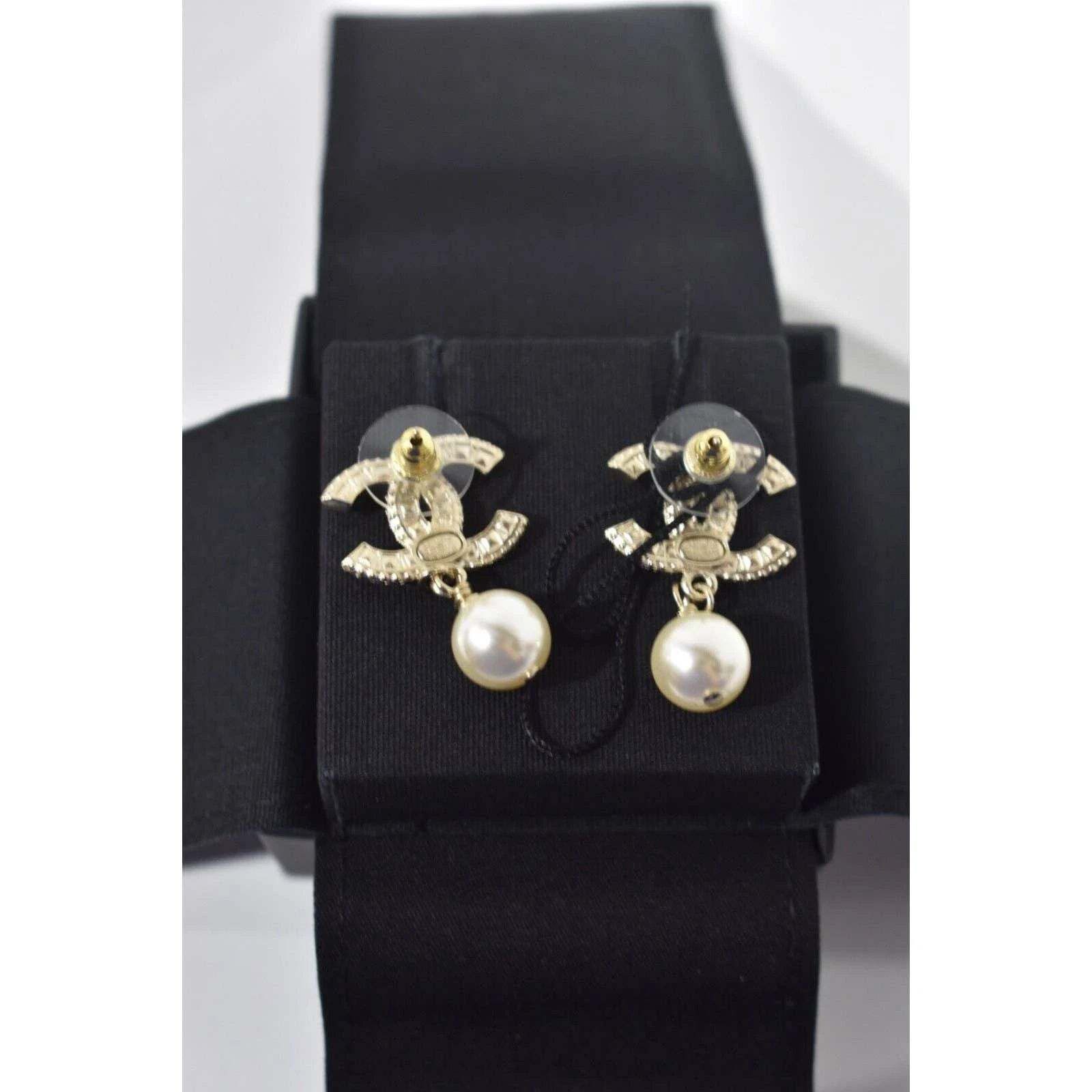 Chanel Chanel Gold Resin Crystal Pearl Statement Stud Drop Earrings Size ONE SIZE - 12 Thumbnail