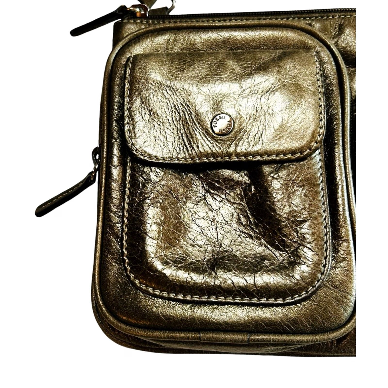 Fossil Fossil Kinley Crossbody Crossbody Purse Shoulder Handbag Women’s Gray Metallic Leather Pebbled Zip Adjustable Strap Womens Small Vintage? Size ONE SIZE - 3 Thumbnail