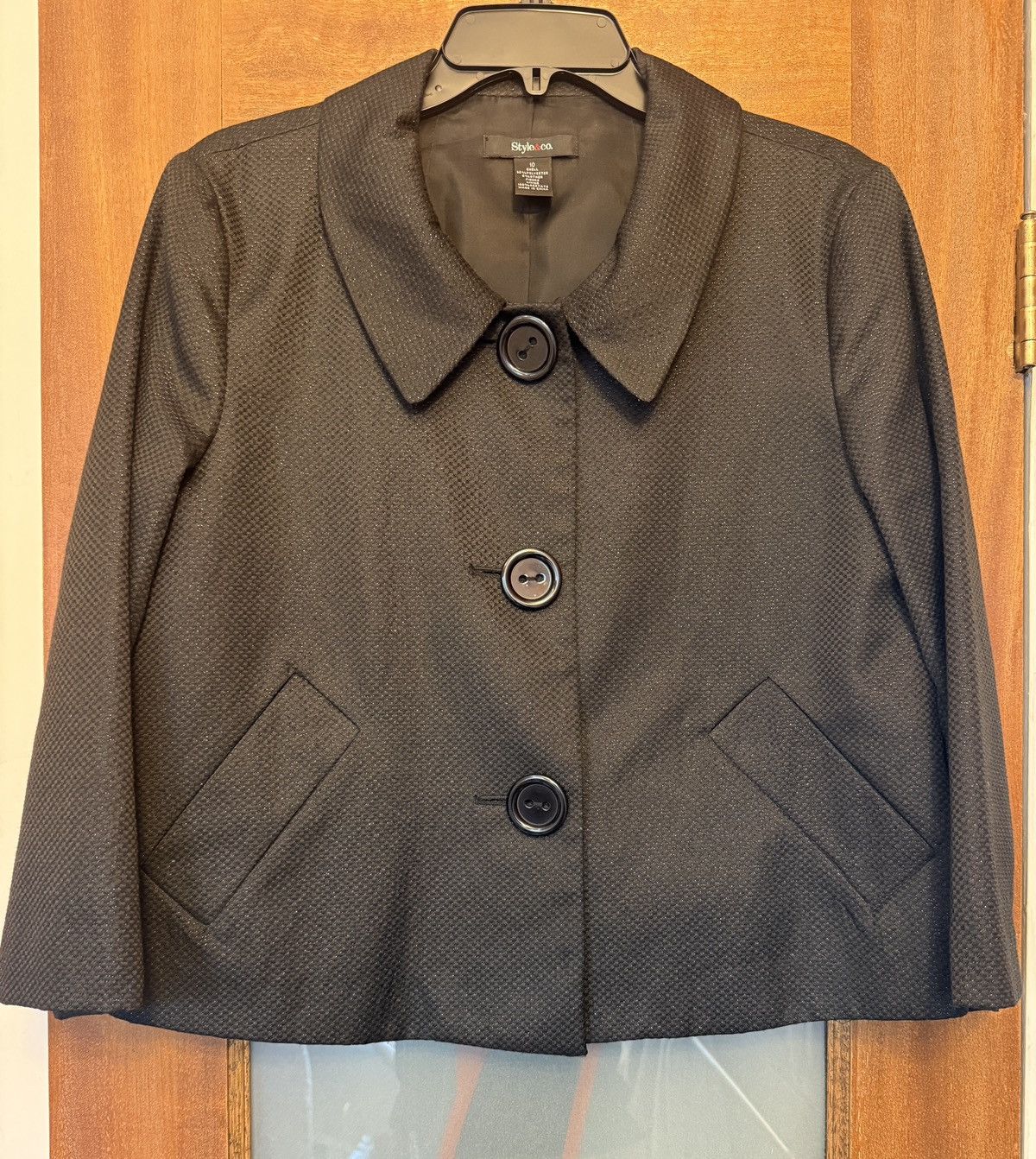 Style & Co Style & Co Black Metallic Textured Cropped Lge Button Jacket Size L / US 10 / IT 46 - 1 Thumbnail