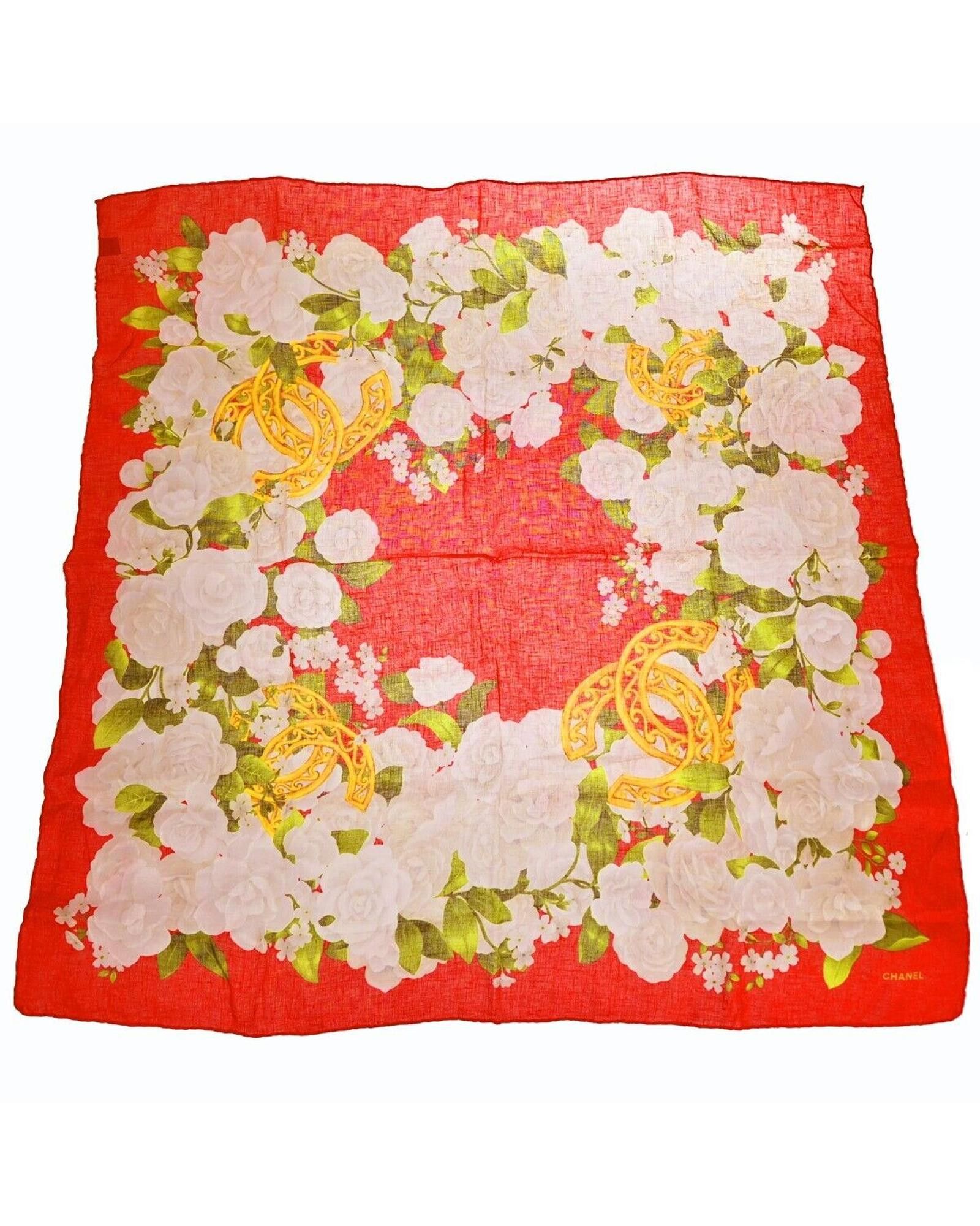image of Chanel Red Camellia Linen Scarf, Women's
