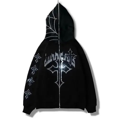 image of Vintage Y2K Fashion Hoodie Rhinestones in Black, Men's (Size Medium)
