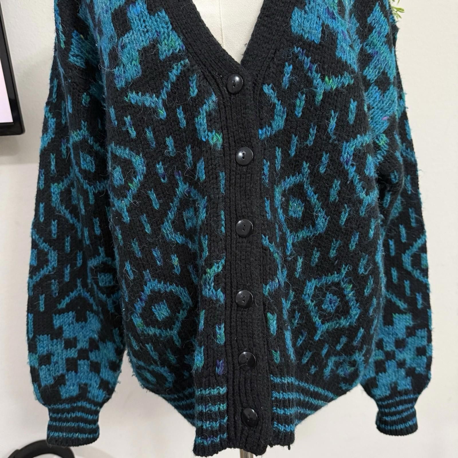 FABRIZIO DEL CARLO Fabrizio Abstract Boho Teal Western Cardigan Wool Size M / US 6-8 / IT 42-44 - 4 Thumbnail
