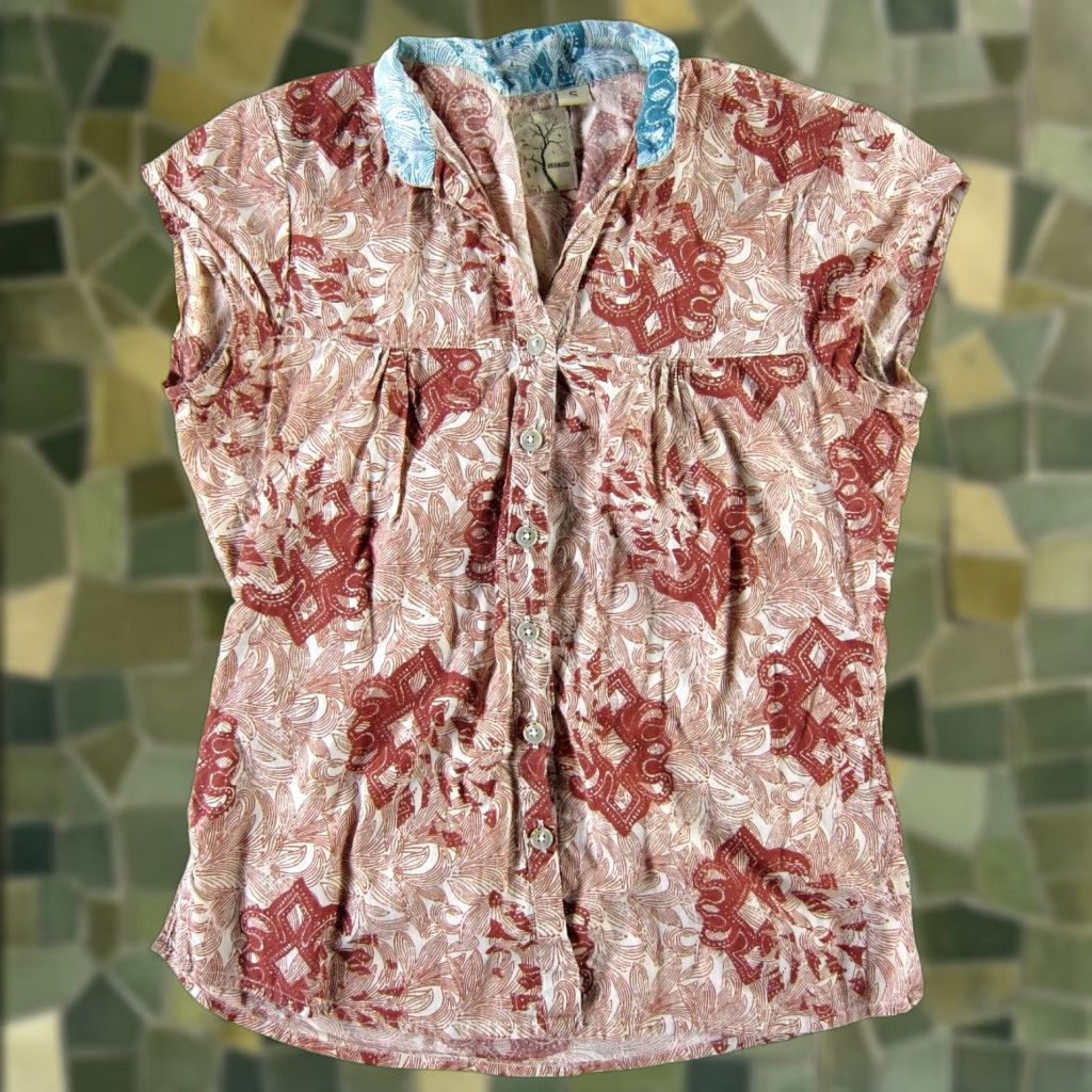 Gramicci Gramicci Blouse Cap Sleeve Button Down Collared 100% Cotton Floral Brown Blue S Womens Size S / US 4 / IT 40 - 1 Thumbnail